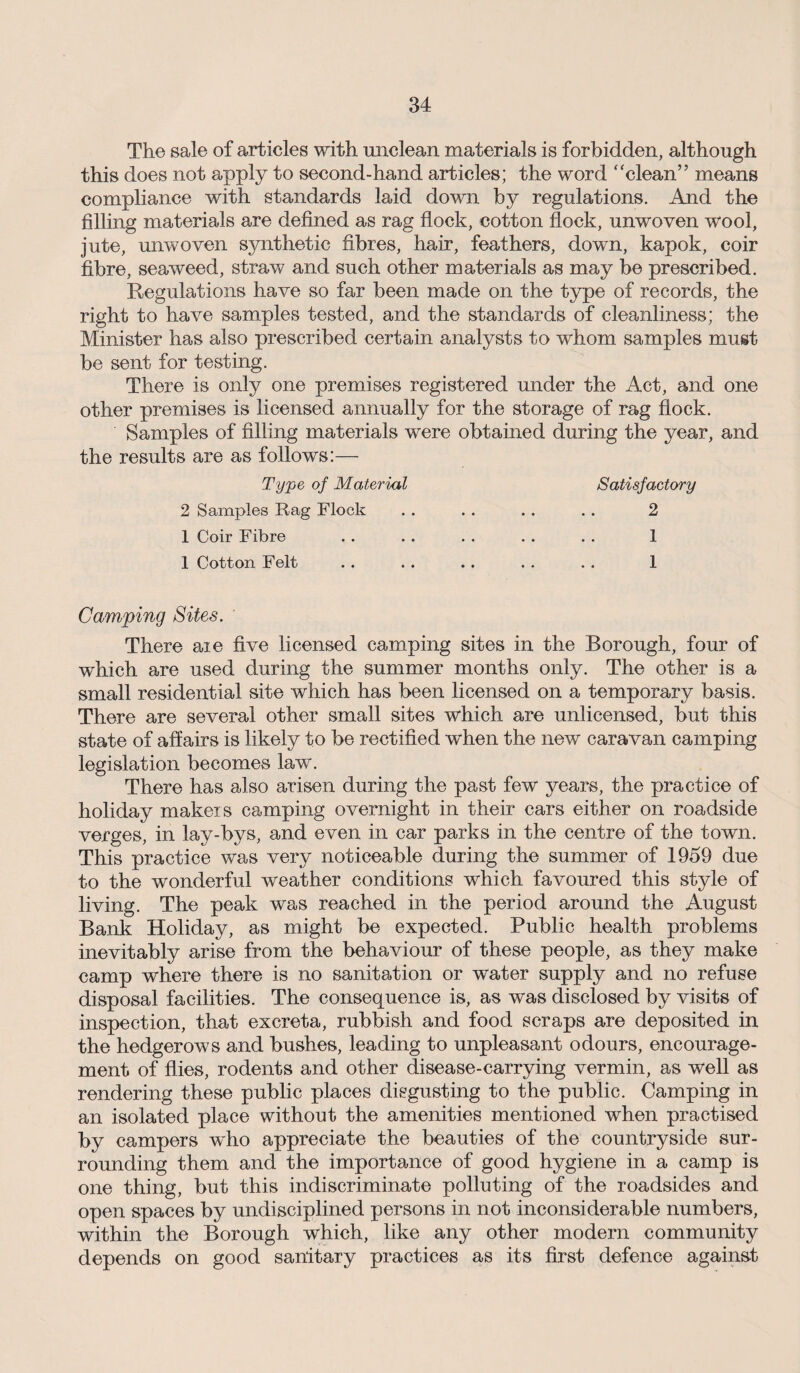 The sale of articles with unclean materials is forbidden, although this does not apply to second-hand articles; the word “clean” means compliance with standards laid down by regulations. And the filling materials are defined as rag flock, cotton flock, unwoven wool, jute, unwoven synthetic fibres, hair, feathers, down, kapok, coir fibre, seaweed, straw and such other materials as may be prescribed. Regulations have so far been made on the type of records, the right to have samples tested, and the standards of cleanliness; the Minister has also prescribed certain analysts to whom samples must be sent for testing. There is only one premises registered under the Act, and one other premises is licensed annually for the storage of rag flock. Samples of filling materials were obtained during the year, and the results are as follows:— Type of Material 2 Samples Rag Flock 1 Coir Fibre 1 Cotton Felt Camping Sites. There aie five licensed camping sites in the Borough, four of which are used during the summer months only. The other is a small residential site which has been licensed on a temporary basis. There are several other small sites which are unlicensed, but this state of affairs is likely to be rectified when the new caravan camping legislation becomes law. There has also arisen during the past few years, the practice of holiday makeis camping overnight in their cars either on roadside verges, in lay-bys, and even in car parks in the centre of the town. This practice was very noticeable during the summer of 1959 due to the wonderful weather conditions which favoured this style of living. The peak was reached in the period around the August Bank Holiday, as might be expected. Public health problems inevitably arise from the behaviour of these people, as they make camp where there is no sanitation or water supply and no refuse disposal facilities. The consequence is, as was disclosed by visits of inspection, that excreta, rubbish and food scraps are deposited in the hedgerows and bushes, leading to unpleasant odours, encourage¬ ment of flies, rodents and other disease-carrying vermin, as well as rendering these public places disgusting to the public. Camping in an isolated place without the amenities mentioned when practised by campers who appreciate the beauties of the countryside sur¬ rounding them and the importance of good hygiene in a camp is one thing, but this indiscriminate polluting of the roadsides and open spaces by undisciplined persons in not inconsiderable numbers, within the Borough which, like any other modern community depends on good sanitary practices as its first defence against Satisfactory 2 1 1