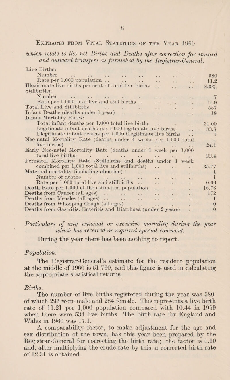Extracts from Vital Statistics of the Year 1960 which relate to the net Births and Deaths after correction for inward and outward transfers as furnished by the Registrar-General. Live Births: Number . . . . . . . . . . . . . . . . 580 Rate per 1,000 population . . . . . . . . . . . . 112 Illegitimate live births per cent of total live births . . . . . . 8.3% .Stillbirths: Number . . . . . . . . . . . . . . . . 7 Rate per 1,000 total live and still births . . . . . . . . 11.9 Total Live and Stillbirths .. .. .. .. .. .. 587 Infant Deaths (deaths under 1 year) . . . . . . . . . . 18 Infant Mortality Rates: Total infant deaths per 1,000 total live births . . . . . . 31.00 Legitimate infant deaths per 1,000 legitimate live births . . 33.8 Illegitimate infant deaths per 1,000 illegitimate live births . . 0 Neo-natal Mortality Rate (deaths under 4 weeks per 1,000 total live births) . . . . . . . . . . . . . . . . 24.1 Early Neo-natal Mortality Rate (deaths under 1 week per 1,000 total live births) . . . . . . . . . . . . . . 22.4 Perinatal Mortality Rate (Stillbirths and deaths under 1 week combined per 1,000 total live and stillbirths) . . . . . . 35.77 Maternal mortality (including abortion) . . . . . . . . 1 Number of deaths . . . . . . . . . . . . . . 1 Rate per 1,000 total live and stillbirths . . . . . . . . 0.06 Death Rate per 1,000 of the estimated population . . . . . . 16.76 Deaths from Cancer (all ages) .. .. .. .. .. .. 172 Deaths from Measles (all ages) . . . . . . . . . . . . 1 Deaths from Whooping Cough (all ages) . . . . . . . . 0 Deaths from Gastritis, Enteritis and Diarrhoea (under 2 years) . . 0 Particulars of any unusual or excessive mortality during the year which has received or required special com.ment. During the year there has been nothing to report. Population. The Registrar-General’s estimate for the resident population at the middle of 1960 is 51,760, and this figure is used in calculating the appropriate statistical returns. Births. The number of live births registered during the year was 580 of which 296 were male and 284 female. This represents a live birth rate of 11.21 per 1,000 population compared with 10.44 in 1959 when there were 534 live births. The birth rate for England and Wales in 1960 was 17.1. A comparability factor, to make adjustment for the age and sex distribution of the town, has this year been prepared by the Registrar-General for correcting the birth rate; the factor is 1.10 and, after multiplying the crude rate by this, a corrected birth rate of 12.31 is obtained.