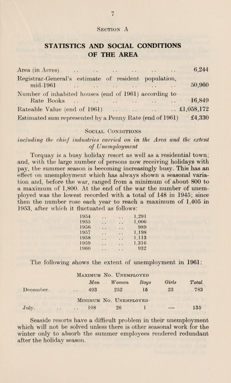 Section A STATISTICS AND SOCIAL CONDITIONS OF THE AREA Area (in Acres) . . . . .. .. . . . . 6,244 Registrar-General’s estimate of resident population, mid-1961 . . . . . . . . . . . . 50,960 Number of inhabited houses (end of 1961) according to Rate Books . . .... . . . . .. 16,849 Rateable Value (end of 1961) .. .. .. .. £1,058,172 Estimated sum represented by a Penny Rate (end of 1961) £4,330 Social Conditions including the chief industries carried on in the Area and the extent of Unemployment Torquay is a busy holiday resort as well as a residential town; and, with the large number of persons now receiving holidays with pay, the summer season is becoming increasingly busy. This has an effect on unemployment which has always shown a seasonal varia¬ tion and, before the war, ranged from a minimum of about 800 to a maximum of 1,800. At the end of the war the number of unem¬ ployed was the lowest recorded with a total of 148 in 1945; since then the number rose each year to reach a maximum of 1,405 in 1953, after which it fluctuated as follows: 1954 1955 1956 1957 1958 1959 1960 1,291 1,006 989 1,198 1,113 1,316 932 The following shows the extent of unemployment in 1961: Maximum No. Unemployed Men Women Boys Girls Total December. . . 493 252 16 23 783 Minimum No. Unemployed July. .... 108 26 1 — 135 Seaside resorts have a difficult problem in their unemployment which will not be solved unless there is other seasonal work for the winter only to absorb the summer employees rendered redundant after the holidav season.