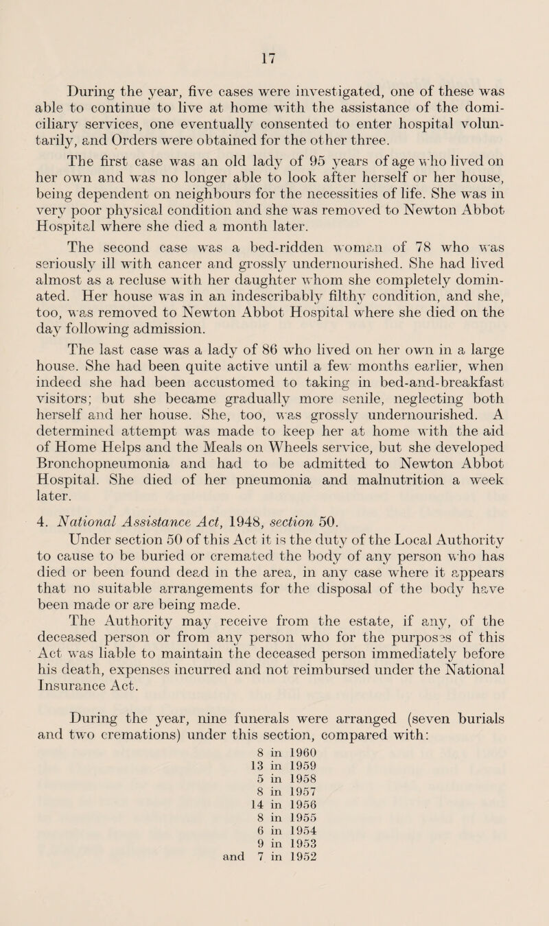 During the year, five cases were investigated, one of these was able to continue to live at home with the assistance of the domi¬ ciliary services, one eventually consented to enter hospital volun¬ tarily, and Orders were obtained for the other three. The first case was an old lady of 95 years of age who lived on her own and was no longer able to look after herself or her house, being dependent on neighbours for the necessities of life. She was in very poor physical condition and she was removed to Newton Abbot Hospital where she died a month later. The second case was a bed-ridden woman of 78 who was seriously ill with cancer and grossly undernourished. She had lived almost as a recluse with her daughter whom she completely domin¬ ated. Her house was in an indescribably filthy condition, and she, too, was removed to Newton Abbot Hospital where she died on the day following admission. The last case was a lady of 86 who lived on her own in a large house. She had been quite active until a few months earlier, when indeed she had been accustomed to taking in bed-and-breakfast visitors; but she became gradually more senile, neglecting both herself and her house. She, too, was grossly undernourished. A determined attempt was made to keep her at home with the aid of Home Helps and the Meals on Wheels service, but she developed Bronchopneumonia and had to be admitted to Newton Abbot Hospital. She died of her pneumonia and malnutrition a week later. 4. National Assistance Act, 1948, section 50. Under section 50 of this Act it is the duty of the Local Authority to cause to be buried or cremated the body of any person who has died or been found dead in the area, in any case where it appears that no suitable arrangements for the disposal of the body have been made or are being made. The Authority may receive from the estate, if any, of the deceased person or from any person who for the purposss of this Act was liable to maintain the deceased person immediately before his death, expenses incurred and not reimbursed under the National Insurance Act. During the year, nine funerals were arranged (seven burials and two cremations) under this section, compared with: 8 in 1960 13 in 1959 5 in 1958 8 in 1957 14 in 1956 8 in 1955 6 in 1954 9 in 1953 and 7 in 1952