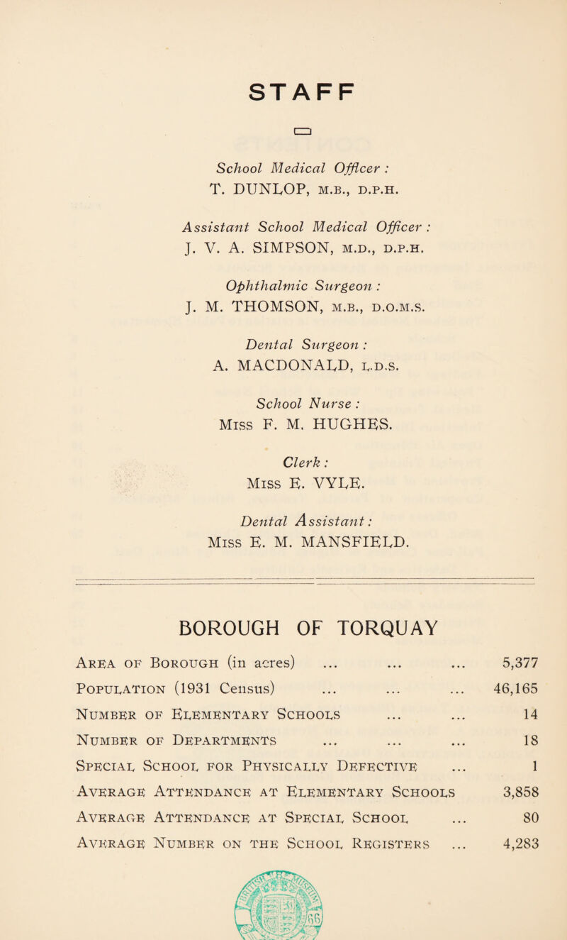 STAFF C=D School Medical Officer : T. DUNEOP, M.B., D.P.H. Assistant School Medical Officer : J. V. A. SIMPSON, m.d., d.p.h. Ophthalmic Surgeon : J. M. THOMSON, m.b., d.o.m.s. Dental Surgeon : A. MACDONAED, e.d.s. School Nurse : Miss F. M. HUGHES. Clerk : Miss E. VYEE. Dental Assistant: Miss E. M. MANSFIEED. BOROUGH OF TORQUAY Area of Borough (in acres) ... ... ... 5,377 Popueation (1931 Census) ... ... ... 46,165 Number of Eeementary Schooes ... ... 14 Number of Departments ... ... ... 18 Speciae Schooe for Physicaeey Defective ... 1 Average Attendance at Eeementary Schooes 3,858 Average Attendance at Speciae Schooe ... 80 Average Number on the Schooe Registers ... 4,283