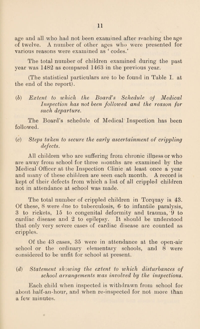 age and all who had not been examined after reaching the age of twelve. A number of other ages who were presented for various reasons wTere examined as ‘ codes.’ The total number of children examined during the past year was 1482 as compared 1463 in the previous year. (The statistical particulars are to be found in Table I. at the end of the report). (b) Extent to which the Board's Schedule of Medical Inspection has not been followed and the reason for such departure. The Board’s schedule of Medical Inspection has been followed. (c) Steps taken to secure the early ascertainment of crippling defects. All children who are suffering from chronic illness or who are away from school for three months are examined by the Medical Officer at the Inspection Clinic at least once a year and many of these children are seen each month. A record is kept of then- defects from which a list of all crippled children not in attendance at school was made. The total number of crippled children in Torquay is 43. Of these, 8 were due to tuberculosis, 6 to infantile paralysis, 3 to rickets, 15 to congenital deformity and trauma, '9 to cardiac disease and 2 to epilepsy. It should be understood that only very severe cases of cardiac disease are counted as cripples. Of the 43 cases, 35 were in attendance at the open-air school or the ordinary elementary schools, and 8 were considered to be unfit for school at present. (id) Statement showing the extent to which disturbances of school arrangements teas involved by the inspections. Each child when inspected is withdrawn from school for about half-an-hour, and when re-inspected for not more than a few minutes.