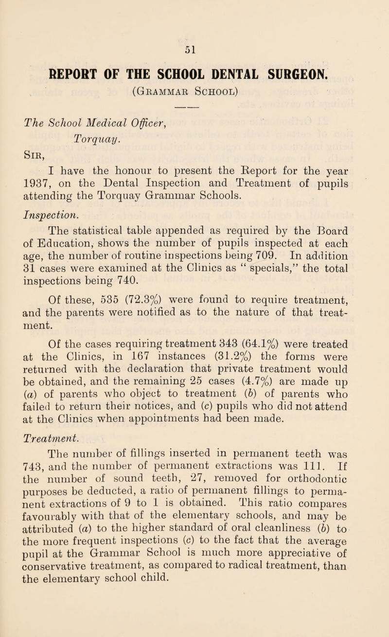 REPORT OF THE SCHOOL DENTAL SURGEON. (Grammar School) The School Medical Officer, Torquay. Sir, I have the honour to present the Beport for the year 1937, on the Dental Inspection and Treatment of pupils attending the Torquay Grammar Schools. Inspection. The statistical table appended as required by the Board of Education, shows the number of pupils inspected at each age, the number of routine inspections being 709. In addition 31 cases were examined at the Clinics as “ specials,” the total inspections being 740. Of these, 535 (72.3%) were found to require treatment, and the parents were notified as to the nature of that treat¬ ment. Of the cases requiring treatment 343 (64.1%) were treated at the Clinics, in 167 instances (31.2%) the forms were returned with the declaration that private treatment would be obtained, and the remaining 25 cases (4.7%) are made up (a) of parents who object to treatment (b) of parents who failed to return their notices, and (c) pupils who did not attend at the Clinics when appointments had been made. Treatment. The number of fillings inserted in permanent teeth was 743, and the number of permanent extractions was 111. If the number of sound teeth, 27, removed for orthodontic purposes be deducted, a ratio of permanent fillings to perma¬ nent extractions of 9 to 1 is obtained. This ratio compares favourably with that of the elementary schools, and may be attributed (a) to the higher standard of oral cleanliness (b) to the more frequent inspections (c) to the fact that the average pupil at the Grammar School is much more appreciative of conservative treatment, as compared to radical treatment, than the elementary school child.