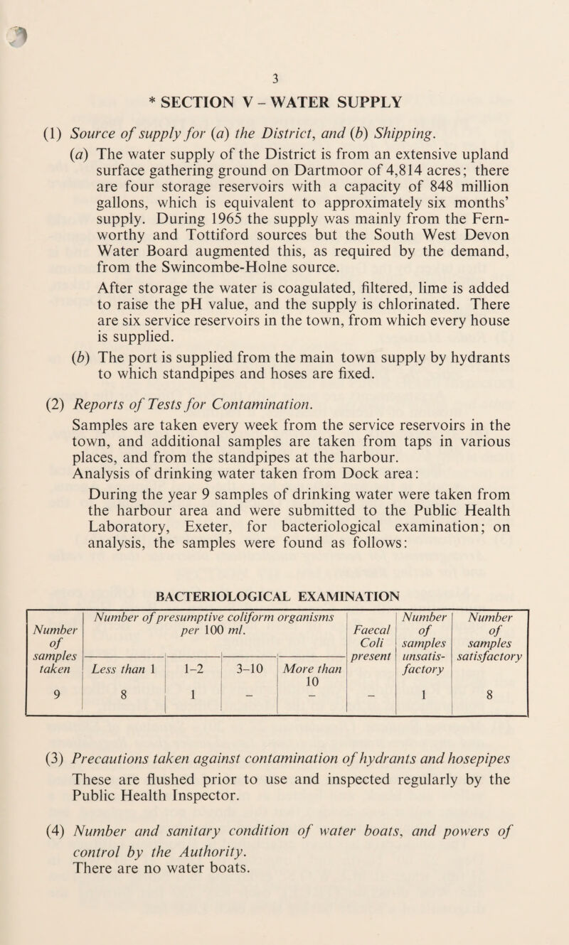 * SECTION V - WATER SUPPLY (1) Source of supply for {a) the District, and {b) Shipping. {a) The water supply of the District is from an extensive upland surface gathering ground on Dartmoor of 4,814 acres; there are four storage reservoirs with a capacity of 848 million gallons, which is equivalent to approximately six months’ supply. During 1965 the supply was mainly from the Fern¬ worthy and Tottiford sources but the South West Devon Water Board augmented this, as required by the demand, from the Swincombe-Holne source. After storage the water is coagulated, filtered, lime is added to raise the pH value, and the supply is chlorinated. There are six service reservoirs in the town, from which every house is supplied. {b) The port is supplied from the main town supply by hydrants to which standpipes and hoses are fixed. (2) Reports of Tests for Contamination. Samples are taken every week from the service reservoirs in the town, and additional samples are taken from taps in various places, and from the standpipes at the harbour. Analysis of drinking water taken from Dock area: During the year 9 samples of drinking water were taken from the harbour area and were submitted to the Public Health Laboratory, Exeter, for bacteriological examination; on analysis, the samples were found as follows: BACTERIOLOGICAL EXAMINATION Number of presumptive coliform organisms Number Number Number per 100 ml. Faecal of of of samples Coli present samples unsatis- samples satisfactory taken Less than 1 1-2 3-10 More than factory 10 9 8 1 — — — 1 8 (3) Precautions taken against contamination of hydrants and hosepipes These are flushed prior to use and inspected regularly by the Public Health Inspector. (4) Number and sanitary condition of water boats, and powers of control by the Authority. There are no water boats.