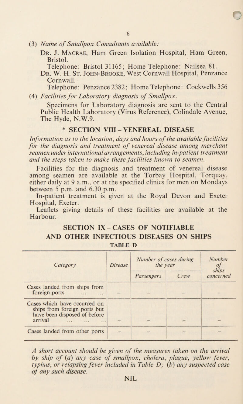 (3) Name of Smallpox Consultants available: Dr. J. Macrae, Ham Green Isolation Hospital, Ham Green, Bristol. Telephone: Bristol 31165; Home Telephone: Nailsea 81. Dr. W. H. St. John-Brooke, West Cornwall Hospital, Penzance Cornwall. Telephone: Penzance 2382; Home Telephone: Cockwells 356 (4) Facilities for Laboratory diagnosis of Smallpox. Specimens for Laboratory diagnosis are sent to the Central Public Health Laboratory (Virus Reference), Colindale Avenue, The Hyde, N.W.9. * SECTION VIII - VENEREAL DISEASE Information as to the location, days and hours of the available facilities for the diagnosis and treatment of venereal disease among merchant seamen under international arrangements, including in-patient treatment and the steps taken to make these facilities known to seamen. Facilities for the diagnosis and treatment of venereal disease among seamen are available at the Torbay Hospital, Torquay, either daily at 9 a.m., or at the specified clinics for men on Mondays between 5 p.m. and 6.30 p.m. In-patient treatment is given at the Royal Devon and Exeter Hospital, Exeter. Leaflets giving details of these facilities are available at the Harbour. SECTION IX - CASES OF NOTIFIABLE AND OTHER INFECTIOUS DISEASES ON SHIPS TABLE D Category Disease Number of cases during the year Number of ships concerned Passengers Crew Cases landed from ships from foreign ports . — _ — — Cases which have occurred on ships from foreign ports but have been disposed of before arrival Cases landed from other ports — — — A short account should be given of the measures taken on the arrival by ship of {a) any case of smallpox, cholera, plague, yellow fever, typhus, or relapsing fever included in Table D; {b) any suspected case of any such disease. NIL