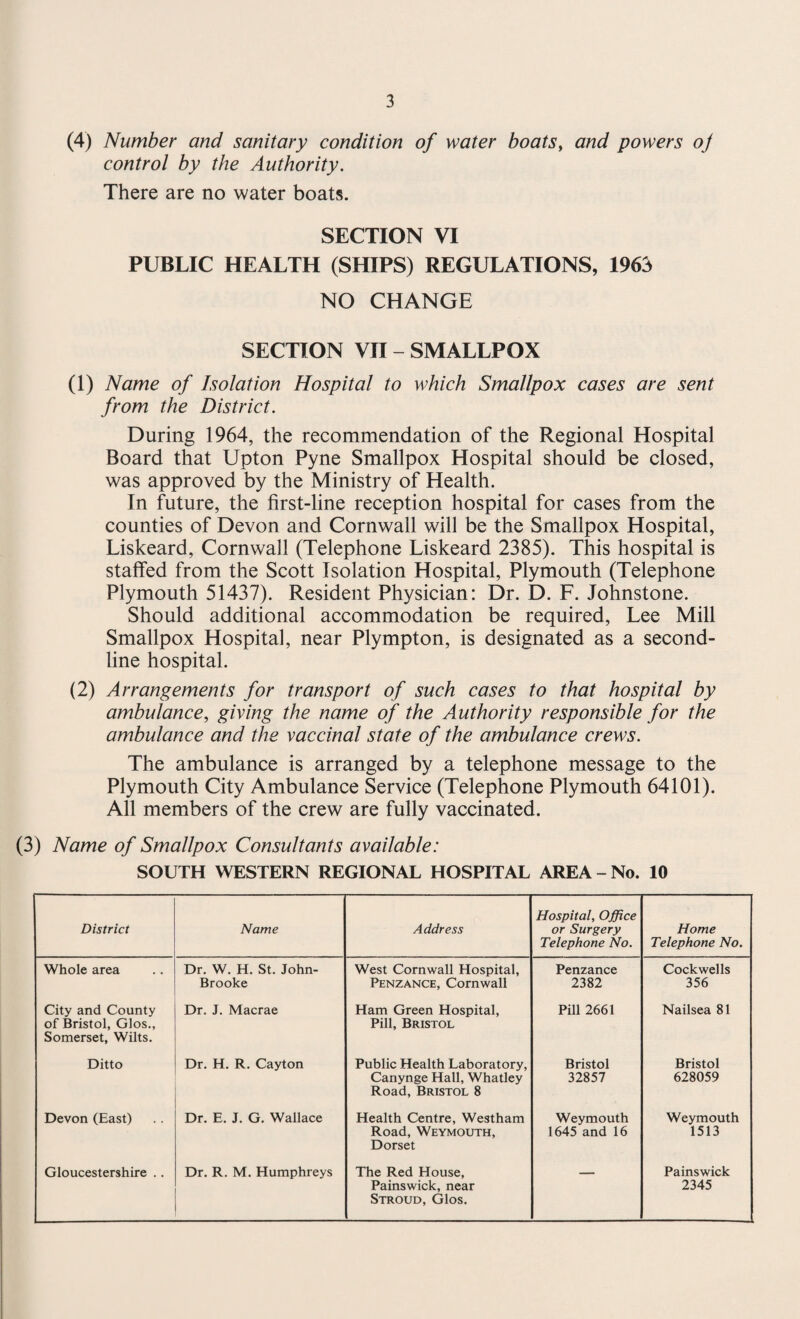 (4) Number and sanitary condition of water boatsy and powers oj control by the Authority. There are no water boats. SECTION VI PUBLIC HEALTH (SHIPS) REGULATIONS, 1963 NO CHANGE SECTION VII - SMALLPOX (1) Name of Isolation Hospital to which Smallpox cases are sent from the District. During 1964, the recommendation of the Regional Hospital Board that Upton Pyne Smallpox Hospital should be closed, was approved by the Ministry of Health. In future, the first-line reception hospital for cases from the counties of Devon and Cornwall will be the Smallpox Hospital, Liskeard, Cornwall (Telephone Liskeard 2385). This hospital is staffed from the Scott Isolation Hospital, Plymouth (Telephone Plymouth 51437). Resident Physician: Dr. D. F. Johnstone. Should additional accommodation be required, Lee Mill Smallpox Hospital, near Plympton, is designated as a second- line hospital. (2) Arrangements for transport of such cases to that hospital by ambulance, giving the name of the Authority responsible for the ambulance and the vaccinal state of the ambulance crews. The ambulance is arranged by a telephone message to the Plymouth City Ambulance Service (Telephone Plymouth 64101). All members of the crew are fully vaccinated. (3) Name of Smallpox Consultants available: SOUTH WESTERN REGIONAL HOSPITAL AREA - No. 10 District Name Address Hospital, Office or Surgery Telephone No. Home Telephone No. Whole area Dr. W. H. St. John- Brooke West Cornwall Hospital, Penzance, Cornwall Penzance 2382 Cock wells 356 City and County of Bristol, Glos., Somerset, Wilts. Dr. J. Macrae Ham Green Hospital, Pill, Bristol Pill 2661 Nailsea 81 Ditto Dr. H. R. Cayton Public Health Laboratory, Canynge Hall, Whatley Road, Bristol 8 Bristol 32857 Bristol 628059 Devon (East) Dr. E. J. G. Wallace Health Centre, Westham Road, Weymouth, Dorset Weymouth 1645 and 16 Weymouth 1513 Gloucestershire .. Dr. R. M. Humphreys The Red House, Painswick, near Stroud, Glos. Painswick 2345