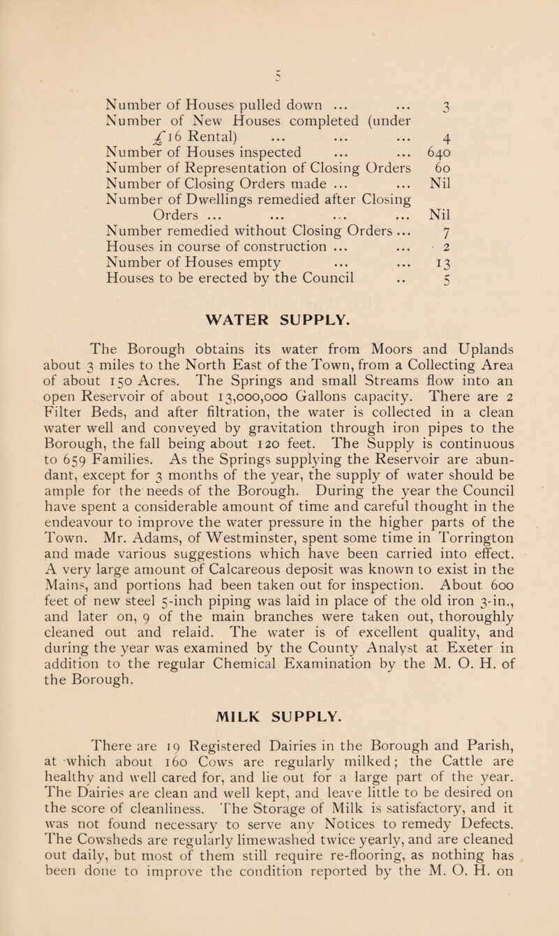 Number of New Houses completed (under £ 16 Rental) ... ... ... 4 Number of Houses inspected ... ... 640 Number of Representation of Closing Orders 60 Number of Closing Orders made ... ... Nil Number of Dwellings remedied after Closing Orders ... ... ... ... Nil Number remedied without Closing Orders ... 7 Houses in course of construction ... ... 2 Number of Houses empty ... ... 13 Houses to be erected by the Council .. 5 WATER SUPPLY. The Borough obtains its water from Moors and Uplands about 3 miles to the North East of the Town, from a Collecting Area of about 150 Acres. The Springs and small Streams flow into an open Reservoir of about 13,000,000 Gallons capacity. There are 2 Filter Beds, and after filtration, the water is collected in a clean water well and conveyed by gravitation through iron pipes to the Borough, the fall being about 120 feet. The Supply is continuous to 659 Families. As the Springs supplying the Reservoir are abun¬ dant, except for 3 months of the year, the supply of water should be ample for the needs of the Borough. During the year the Council have spent a considerable amount of time and careful thought in the endeavour to improve the water pressure in the higher parts of the Town. Mr. Adams, of Westminster, spent some time in Torrington and made various suggestions which have been carried into effect. A very large amount of Calcareous deposit was known to exist in the Mains, and portions had been taken out for inspection. About 600 feet of new steel 5-inch piping was laid in place of the old iron 3'in., and later on, 9 of the main branches were taken out, thoroughly cleaned out and relaid. The water is of excellent quality, and during the year was examined by the County Analyst at Exeter in addition to the regular Chemical Examination by the M. O. H. of the Borough. MILK SUPPLY. There are 19 Registered Dairies in the Borough and Parish, at which about 160 Cows are regularly milked; the Cattle are healthy and well cared for, and lie out for a large part of the year. The Dairies are clean and well kept, and leave little to be desired on the score of cleanliness. The Storage of Milk is satisfactory, and it was not found necessary to serve any Notices to remedy Defects. The Cowsheds are regularly limewashed twice yearly, and are cleaned out daily, but most of them still require re-flooring, as nothing has been done to improve the condition reported by the M. O. H. on