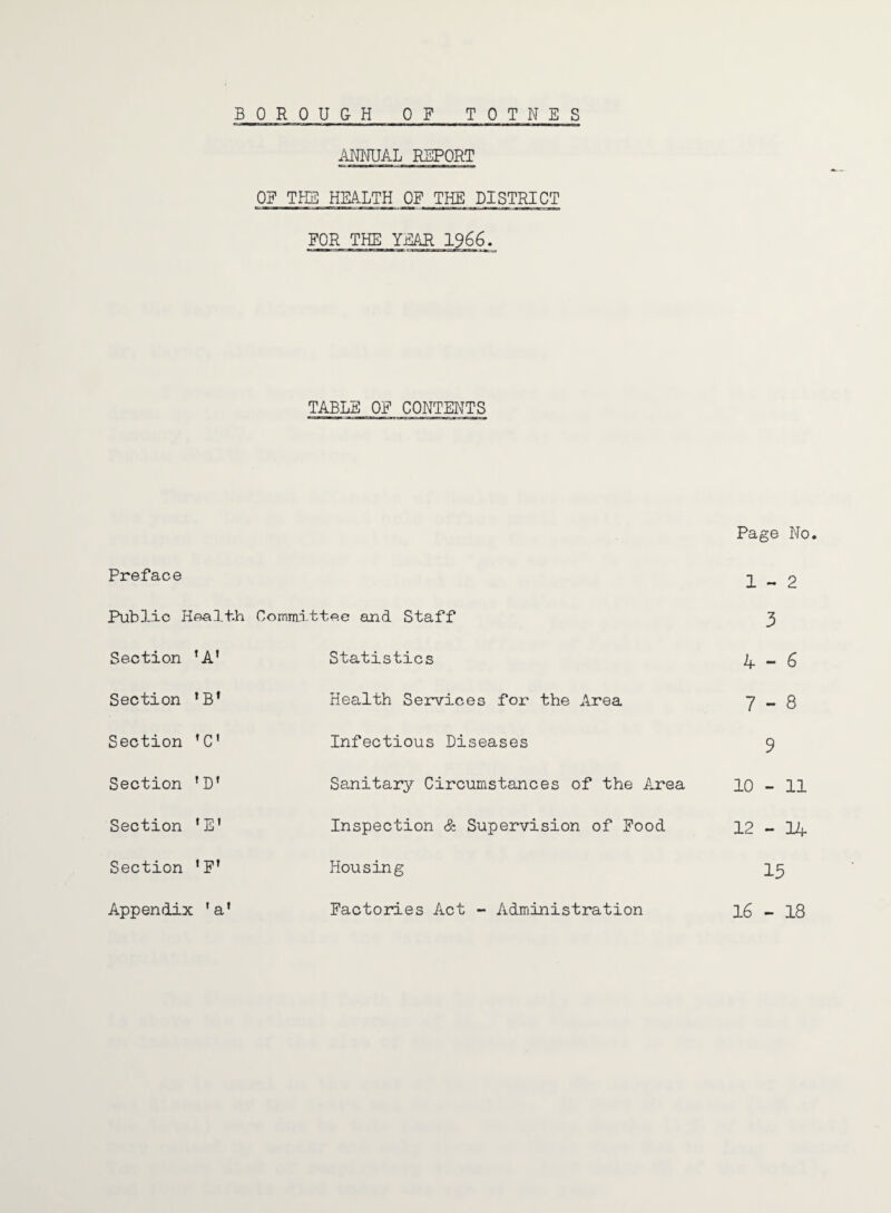 BOROUGH OF TOTNES Preface Public Health Section fA' Section ’ B1 Section *C* Section ' D* Section 1E1 Section 1 F' ANNUAL REPORT OF THE HEALTH OF THE DISTRICT FOR THE YEAR 1966. TABLE OF CONTENTS Committee and Staff Statistics Health Services for the Area Infectious Diseases Sanitary Circumstances of the Area Inspection & Supervision of Food Housing Page No. 1-2 3 4-6 7-8 9 10 - 11 12-14 15 Appendix ’a’ Factories Act - Administration 16 - 18