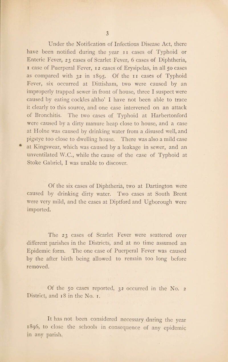 Under the Notification of Infectious Disease Act, there have been notified during the year 11 cases of Typhoid or Enteric Fever, 23 cases of Scarlet Fever, 6 cases of Diphtheria, 1 case of Puerperal Fever, 12 cases of Erysipelas, in all 50 cases as compared with 32 in 1895. Of the 11 cases of Typhoid Fever, six occurred at Dittisham, two were caused by an improperly trapped sewer in front of house, three I suspect were caused by eating cockles altho’ I have not been able to trace it clearly to this source, and one case intervened on an attack of Bronchitis. The two cases of Typhoid at Harbertonford were caused by a dirty manure heap close to house, and a case at Holne was caused by drinking water from a disused well, and pigstye too close to dwelling house. There was also a mild case at Kingswear, which was caused by a leakage in sewer, and an unventilated W.C., while the cause of the case of Typhoid at Stoke Gabriel, I was unable to discover. Of the six cases of Diphtheria, two at Dartington were caused by drinking dirty water. Two cases at South Brent were very mild, and the cases at Diptford and Ugborough were imported. The 23 cases of Scarlet Fever were scattered over different parishes in the Districts, and at no time assumed an Epidemic form. The one case of Puerperal Fever was caused by the after birth being allowed to remain too long before removed. Of the 50 cases reported, 32 occurred in the No. 2 District, and 18 in the No. 1. It has not been considered necessary dnring the year 1896, to close the schools in consequence of any epid'emiq in any parish.