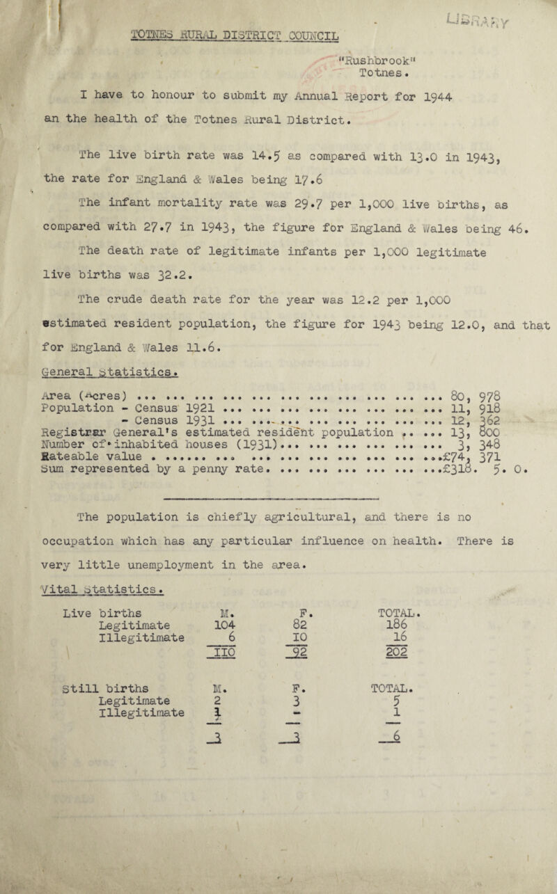 TOTNEd RURAL district council idi'iA f\Y ,fRushbrookM Tctnes. I have to honour to submit my Annual Report for 1944 an the health of the Totnes Rural District. The live birth rate was 14.5 as compared with 13.O in 1943, the rate for England & Wales being 17.6 The infant mortality rate was 29.7 per 1,000 live births, as compared with 27*7 in 1943, the figure for England & Wales being 4b. The death rate of legitimate infants per 1,000 legitimate live births was 32.2. The crude death rate for the year was 12.2 per 1,000 estimated resident population, the figure for 1943 being 12.0, and that for England & ../ales 11.6. General statistics. Area (<^res) ....80, 978 Population - Census 1921. 11, 918 - Census 1931...12, 362 Registrar General1s estimated resident population . 13? 800 Number of• inhabited houses (1931). 3? 348 Rateable value . ... ... ... ... ...£74, 371 sum represented by a penny rate. ... ... .....£318. 5* 0. The population is chiefly agricultural, and there is no occupation which has any particular influence on health. There is very little unemployment , in the area. Vital statistics. Live births M. F. TOTAL. Legitimate 104 82 186 Illegitimate 6 10 16 no 22 1 202 Still births M. F. TOTAL. Legitimate 2 3 5 ¥