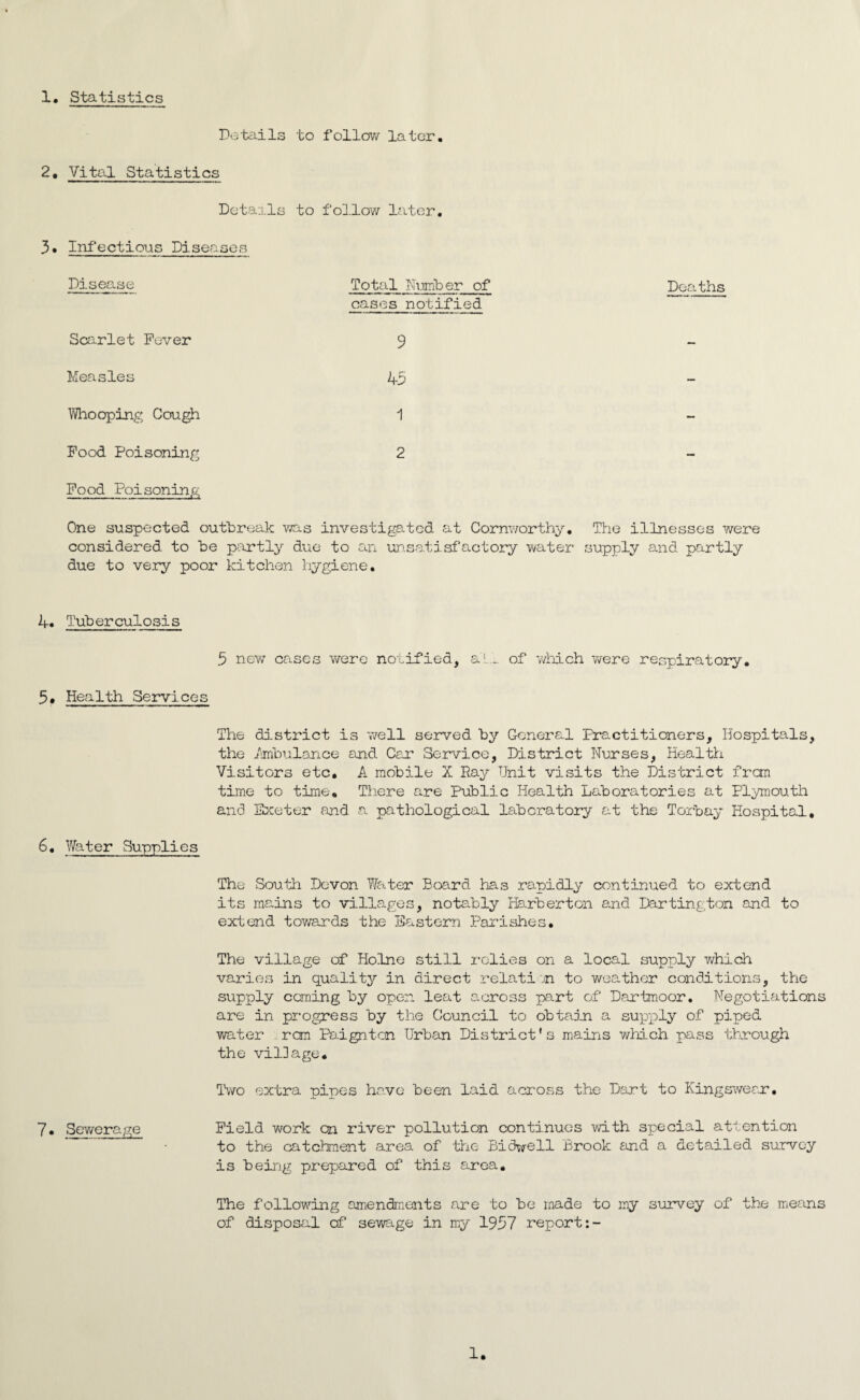 1. Statistics Details to follow later. 2, Vital Statistics Details to follow later. 3. Infectious Diseases Disease Scarlet Fever Measles Whooping Cough Food Poisoning Food Poisoning Total Number of cases notified 9 45 1 2 Deaths One suspected outbreak was investigated at Cornworthy. The illnesses were considered to be partly due to an unsatisfactory water supply and partly due to very poor kitchen hygiene. 4. Tuberculosis 5 new cases were notified, a* 1 2. ... of which were respiratory. 5. Health Services The district is well served by General Practitioners, Hospitals, the imbalance and Car Service, District Nurses, Health Visitors etc, A mobile X Ray Unit visits the District from time to time. There are Public Health Laboratories at Plymouth and Exeter and a pathological laboratory at the Torbay Hospital, 6. Water Supplies The South Devon Water Board has rapidly continued to extend its mains to villages, notably Barberton and Darting ton and to extend towards the Eastern Parishes. The village of Holne still relies on a local supply which varies in quality in direct relation to weather conditions, the supply coming by open leat across part of Dartmoor. Negotiations are in progress by the Council to obtain a supply of piped water ram Paignton Urban District's mains which pass through the village. Two extra pipes have been laid across the Dart to King swear. 7. Sewerage Field work cn river pollution continues with special attention to the catchment area of the Bidwell Brook and a detailed survey is being prepared of this area. The following amendments are to be made to my survey of the means of disposal of sewage in my 1957 report 1