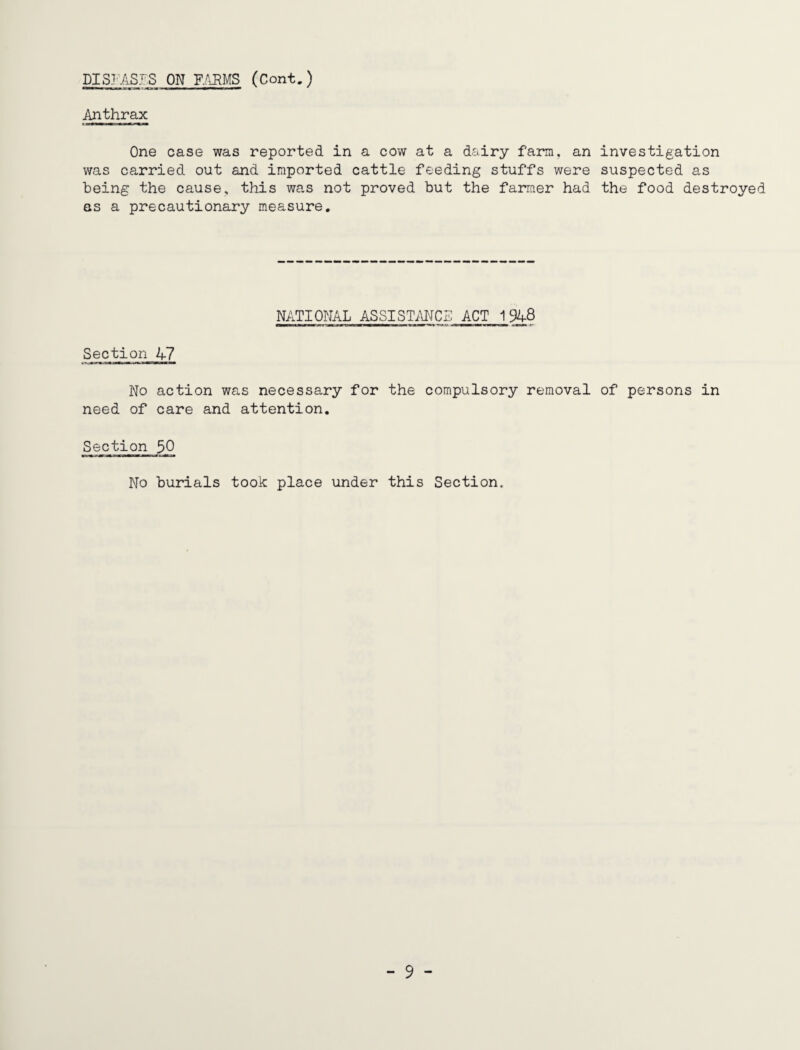 Anthrax One case was reported in a cow at a dairy farm, an investigation was carried out and imported cattle feeding stuffs were suspected as being the cause, this was not proved but the farmer had the food destroyed as a precautionary measure. NATIONAL ASSISTANCE ACT 1948 Section 47 No action was necessary for the compulsory removal of persons in need of care and attention. Section 50 No burials took place under this Section.