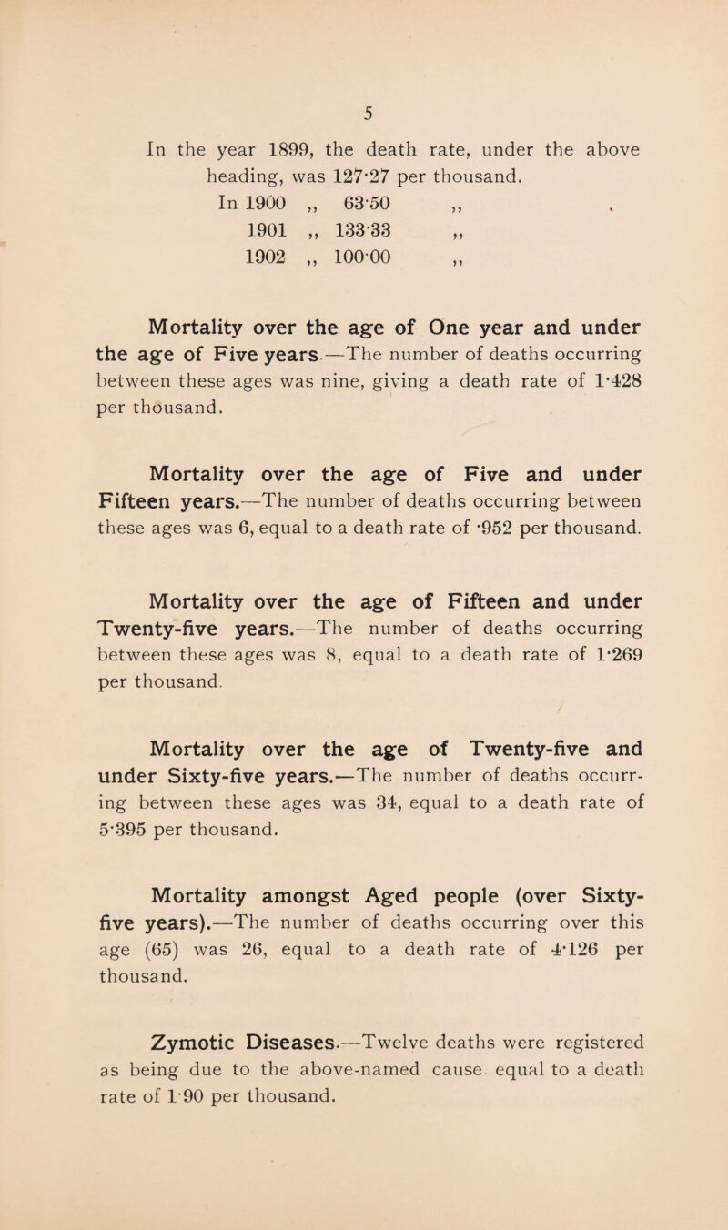 In the year 1899, the death rate, under the above heading, was 127*27 per thousand. In 1900 „ 63*50 1901 „ 133*33 1902 „ 100*00 Mortality over the age of One year and under the age of Five years—The number of deaths occurring between these ages was nine, giving a death rate of 1*428 per thousand. Mortality over the age of Five and under Fifteen years.—The number of deaths occurring between these ages was 6, equal to a death rate of *952 per thousand. Mortality over the age of Fifteen and under Twenty-five years.—The number of deaths occurring between these ages was 8, equal to a death rate of 1*269 per thousand. Mortality over the age of Twenty-five and under Sixty-five years.—The number of deaths occurr¬ ing between these ages was 34, equal to a death rate of 5*395 per thousand. Mortality amongst Aged people (over Sixty- five years).—The number of deaths occurring over this age (65) was 26, equal to a death rate of 4*126 per thousand. Zymotic Diseases.—Twelve deaths were registered as being due to the above-named cause, equal to a death rate of 1*90 per thousand.