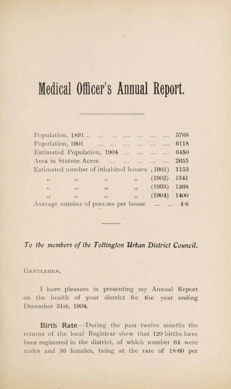 Medical Officer's Annual Report. Population, 1891. . . 5768 Population, 1901 . . • • • • • • 6118 Estimated Population, 1904 .. . 6450 Area in Statute Acres . . ... ... 2655 Estimated number of inhabited houses vl901) 1153 55 55 55 5 5 (1902) 1341 5) 55 55 5 5 (1903) 1368 55 55 55 5 5 (1901) 1400 x'-Vverage number of persons per house • • • . • . 4-6 To the members of the fottington Urban District Council, Gentlemen, I have pleasure in presenting m}/ Annual Report on the liealth of your district for the year ending December 31st, 1904. Birth Rate.—During the past twelve months the returns of the local Registrar shew that 120 births have been registered in the district, of which number 64 were males and 56 females, being at the rate of 18'60 per