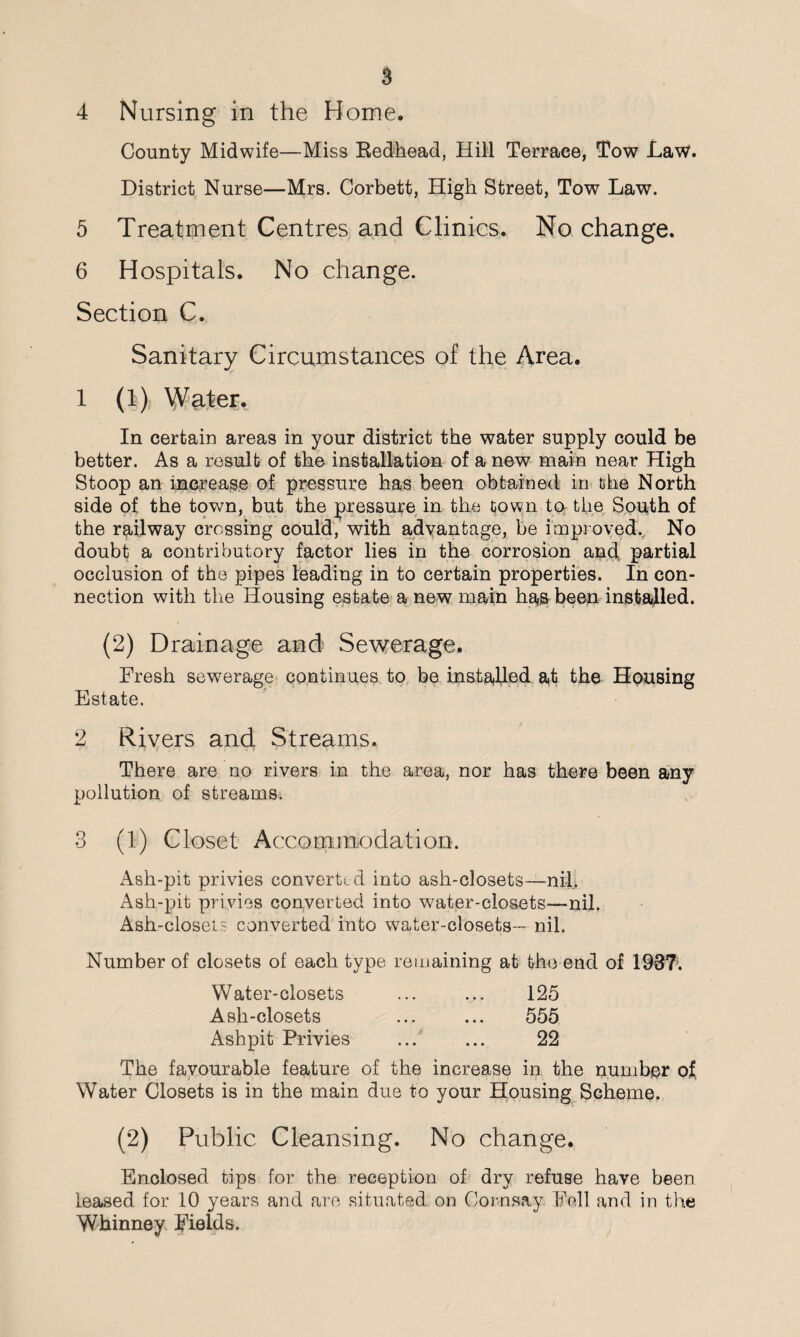 4 Nursing in the Home. County Midwife—Miss Bedhead, Hill Terrace, Tow Law. District Nurse—Mrs. Corbett, High Street, Tow Law. 5 Treatment Centres and Clinics. No change. 6 Hospitals. No change. Section C. Sanitary Circumstances of the Area. 1 (1) Water. In certain areas in your district the water supply could be better. As a result of the installation of a new main near High Stoop an increase of pressure has been obtained in the North side of the town, but the pressure in the tov^n to the. South of the railway crossing could, with advantage, he improved.^ No doubt a contributory factor lies in the corrosion an(I. partial occlusion of the pipes leading in to certain properties. In con¬ nection with the Housing estate a new main ha& been installed. (2) Drainage and Sewerage. Fresh sewerage continues to be installed at the Housing Estate. 2 Rivers and Streams. There are no rivers in the area, nor has there been any pollution of streams. 3 (1) Closet Accommodation. Ash-pit privies converted into ash-closets—nil. Ash-pit privies converted into water-closets—nil. Ash-closeis converted into water-closets— nil. Number of closets of each type remaining at the end of 1937'. Water-closets ... ... 125 Ash-closets ... ... 555 Ashpit Privies ... ... 22 The favourable feature of the increase in the number of. Water Closets is in the main due to your Housing Scheme. (2) Public Cleansing. No change. Enclosed tips for the reception of dry refuse have been teased for 10 years and are situated, on Cornsay Fell and in the Whinney Fields.