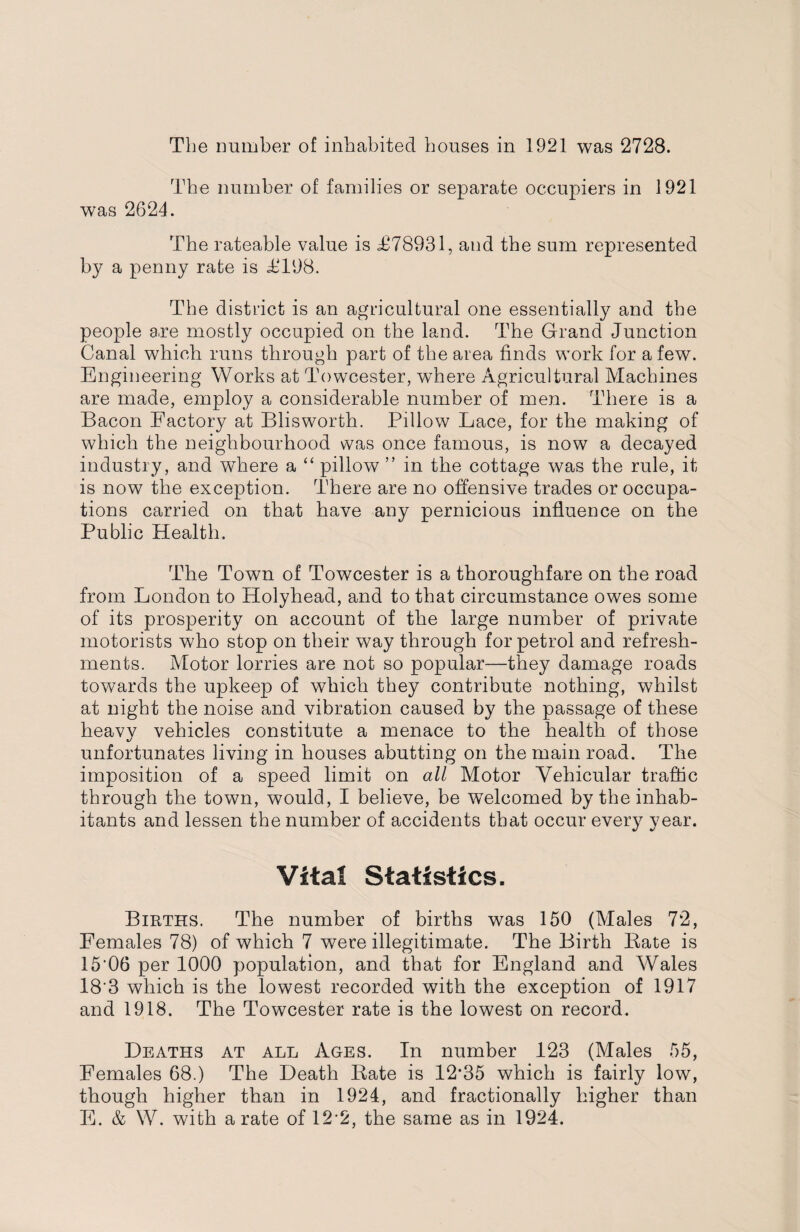 The number of families or separate occupiers in 1921 was 2624. The rateable value is £78931, and the sum represented by a penny rate is £198. The district is an agricultural one essentially and the people a,re mostly occupied on the land. The Grand Junction Canal which runs through part of the area finds work for a few. Engineering Works at Towcester, where Agricultural Machines are made, employ a considerable number of men. There is a Bacon Factory at Blisworth. Pillow Lace, for the making of which the neighbourhood was once famous, is now a decayed industry, and where a “ pillow ” in the cottage was the rule, it is now the exception. There are no offensive trades or occupa¬ tions carried on that have any pernicious influence on the Public Health. The Town of Towcester is a thoroughfare on the road from London to Holyhead, and to that circumstance owes some of its prosperity on account of the large number of private motorists who stop on their way through for petrol and refresh¬ ments. Motor lorries are not so popular—they damage roads towards the upkeep of which they contribute nothing, whilst at night the noise and vibration caused by the passage of these heavy vehicles constitute a menace to the health of those unfortunates living in houses abutting on the main road. The imposition of a speed limit on all Motor Vehicular traffic through the town, would, I believe, be welcomed by the inhab¬ itants and lessen the number of accidents that occur every year. Vital Statistics. Births. The number of births was 150 (Males 72, Females 78) of which 7 were illegitimate. The Birth Kate is 15'06 per 1000 population, and that for England and Wales 18‘3 which is the lowest recorded with the exception of 1917 and 1918. The Towcester rate is the lowest on record. Deaths at all Ages. In number 123 (Males 55, Females 68.) The Death Rate is 12*35 which is fairly low, though higher than in 1924, and fractionally higher than E. & W. with a rate of 12*2, the same as in 1924.