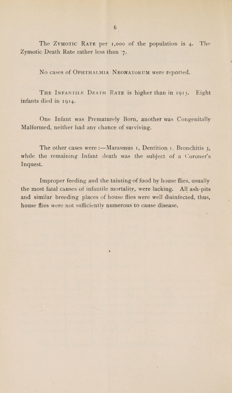 The Zymotic Rate per i,ooo of the population is 4. The Zymotic Death Rate rather less than 'y. No cases of Ophthm-mia Neonatorum were reported. The Infanitlic Dea i h Rate is higher than in 1913. Eight infants died in 1914. One Infant was Prematurely Born, another was Congenitally Malformed, neither had any chance of surviving. The other cases were:—Marasmus i, Dentition i. Bronchitis 3, while the remaining Infant death was the subject of a ('oroner’s Inquest. Improper feeding and the tainting of food by house flies, usually the most fatal causes of infantile mortality, were lacking. All ash-pits and similar breeding places of house flies were well disinfected, thus, house flies were not sufflciently numerous to cause disease.