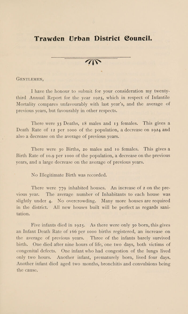 Trawden Urban District Council. Gentlemen, I have the honour to submit for your consideration my twenty- third Annual Report for the year 1925, which in respect of Infantile Mortality compares unfavourably with last year’s, and the average of previous years, but favourably in other respects. There were 33 Deaths, 18 males and 13 females. This gives a Death Rate of 12 per 1000 of the population, a decrease on 1924 and also a decrease on the average of previous years. There were 30 Births, 20 males and 10 females. This gives a Birth Rate of 10.9 per 1000 of the population, a decrease on the previous years, and a large decrease on the average of previous years. No Illegitimate Birth was recorded. There were 779 inhabited houses. An increase of 2 on the pre¬ vious year. The average number of Inhabitants to each house was slightly under 4. No overcrowding. Many more houses are required in the district. All new houses built will be perfect as regards sani¬ tation. Five infants died in 1925. As there were only 30 born, this gives an Infant Death Rate of 166 per 1000 births registered, an increase on the average of previous years. Three of the infants barely survived birth. One died after nine hours of life, one two days, both victims of congenital defects. One infant who had congestion of the lungs lived only two hours. Another infant, prematurely born, lived four days. Another infant died aged two months, bronchitis and convulsions being the cause.