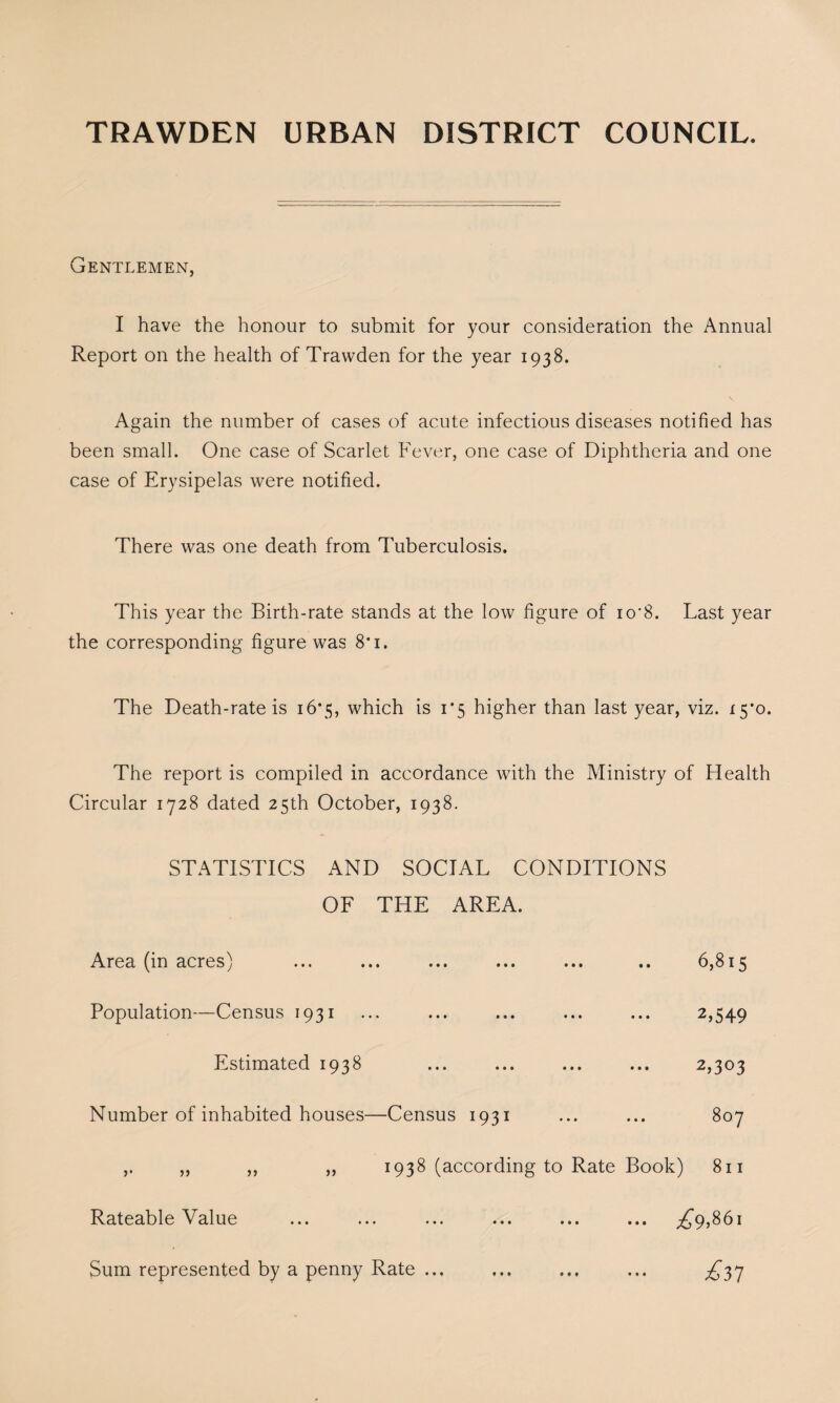 TRAWDEN URBAN DISTRICT COUNCIL. Gentlemen, I have the honour to submit for your consideration the Annual Report on the health of Travvden for the year 1938. Again the number of cases of acute infectious diseases notified has been small. One case of Scarlet Fever, one case of Diphtheria and one case of Erysipelas were notified. There was one death from Tuberculosis. This year the Birth-rate stands at the low figure of io'8. Last year the corresponding figure was 8’i. The Death-rate is 16*55 which is 1*5 higher than last year, viz. 15*0. The report is compiled in accordance with the Ministry of Health Circular 1728 dated 25th October, 1938. STATISTICS AND SOCIAL CONDITIONS OF THE AREA. Area (in acres' ) • • • • • 6,815 Population—Census 1931 2,549 Estimated 1938 > • • • • • 2,303 Number of inhabited houses—Census 1931 807 ,* ,, ,, ,, 1938 (according to Rate Book) 811 Rateable Value • • • ^ Sum represented by a penny Rate ... * • • • • *