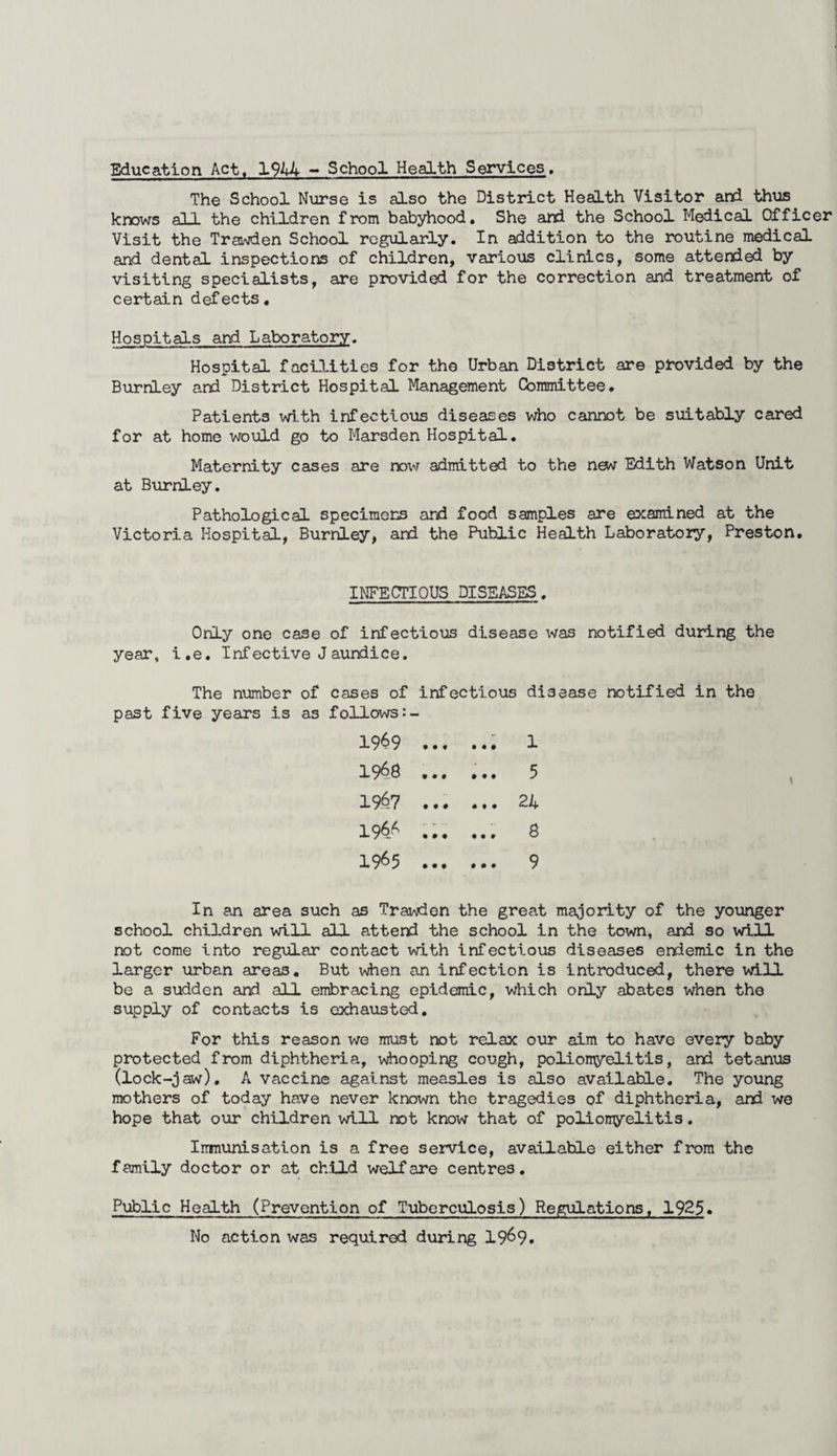 Education Act. 1944 - School Health Services, The School Nurse is also the District Health Visitor and thus knows aid the children from babyhood. She and the School Medical Officer Visit the Trawden School regularly. In addition to the routine medical and dental inspections of children, various clinics, some attended by visiting specialists, are provided for the correction and treatment of certain defects. Hospitals and Laboratory. Hospital facilities for the Urban District are provided by the Burnley and District Hospital Management Committee. Patients with infectious diseases who cannot be suitably cared for at home would go to Marsden Hospital. Maternity cases are now admitted to the nw Edith Watson Unit at Burnley. Pathological specimens and food samples are examined at the Victoria Hospital, Burnley, and the Public Health Laboratory, Preston. INFECTIOUS DISEASES. Only one case of infectious disease was notified during the year, i.e. Infective Jaundice. The number of cases of infectious disease notified in the past five years is as follows 1969 ... ... 1 1968 ... ... 5 1967 ... ... 21 196/ ... ... 8 1965 ... ... 9 In an area such as Trawden the great majority of the younger school children will all attend the school in the town, and so will not come into regular contact with infectious diseases endemic in the larger urban areas. But when an infection is introduced, there will be a sudden and all embracing epidemic, which only abates when the supply of contacts is exhausted. For this reason we must not relax our aim to have every baby protected from diphtheria, whooping cough, poliomyelitis, and tetanus (lock-jaw), A vaccine against measles is also available. The young mothers of today have never known the tragedies of diphtheria, and we hope that our children will not know that of polionyelitis. Immunisation is a free service, available either from the family doctor or at child welfare centres. Public Health (Prevention of Tuberculosis) Regulations, 1925. No action was required during 19^9.