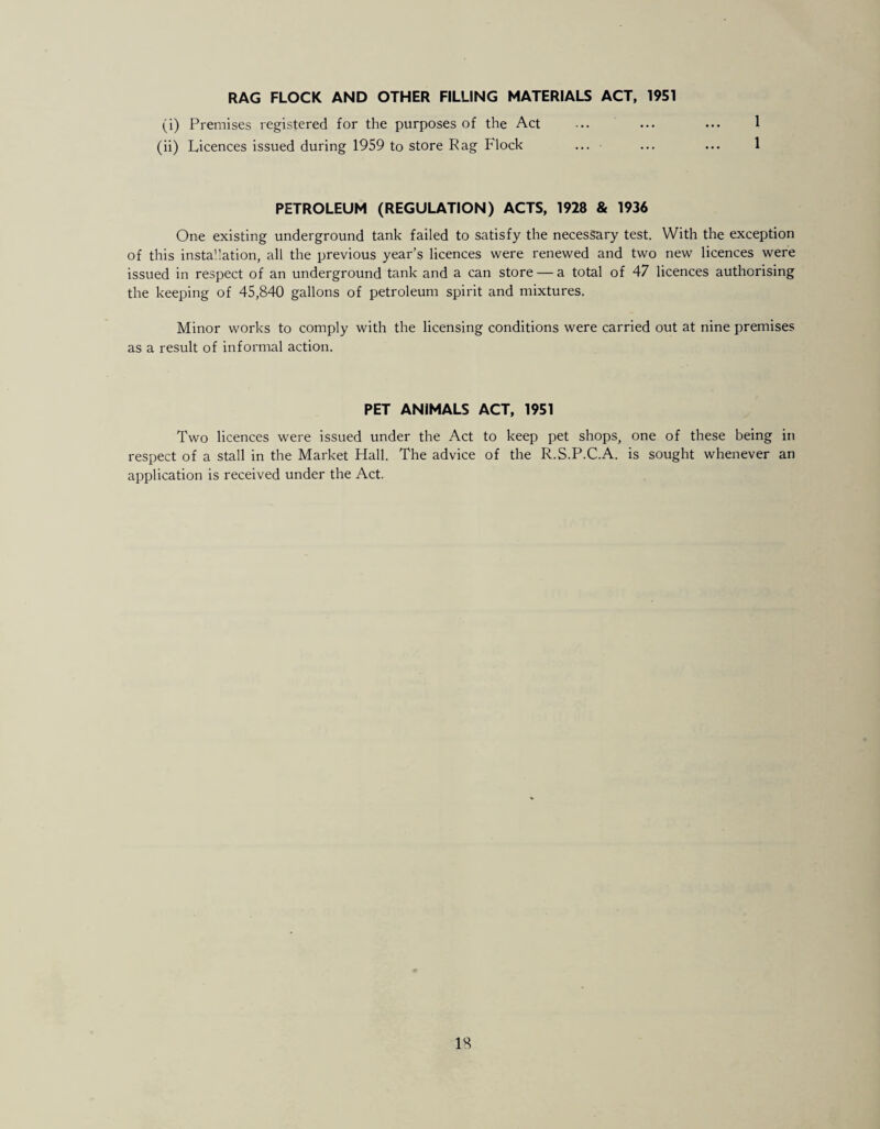 RAG FLOCK AND OTHER FILLING MATERIALS ACT, 1951 (i) Premises registered for the purposes of the Act ... ... ... 1 (ii) Licences issued during 1959 to store Rag Flock ... ... ... 1 PETROLEUM (REGULATION) ACTS, 1928 & 1936 One existing underground tank failed to satisfy the necessary test. With the exception of this insta’lation, all the previous year’s licences were renewed and two new licences were issued in respect of an underground tank and a can store — a total of 47 licences authorising the keeping of 45,840 gallons of petroleum spirit and mixtures. Minor works to comply with the licensing conditions were carried out at nine premises as a result of informal action. PET ANIMALS ACT, 1951 Two licences were issued under the Act to keep pet shops, one of these being in respect of a stall in the Market Hall. The advice of the R.S.P.C.A. is sought whenever an application is received under the Act.