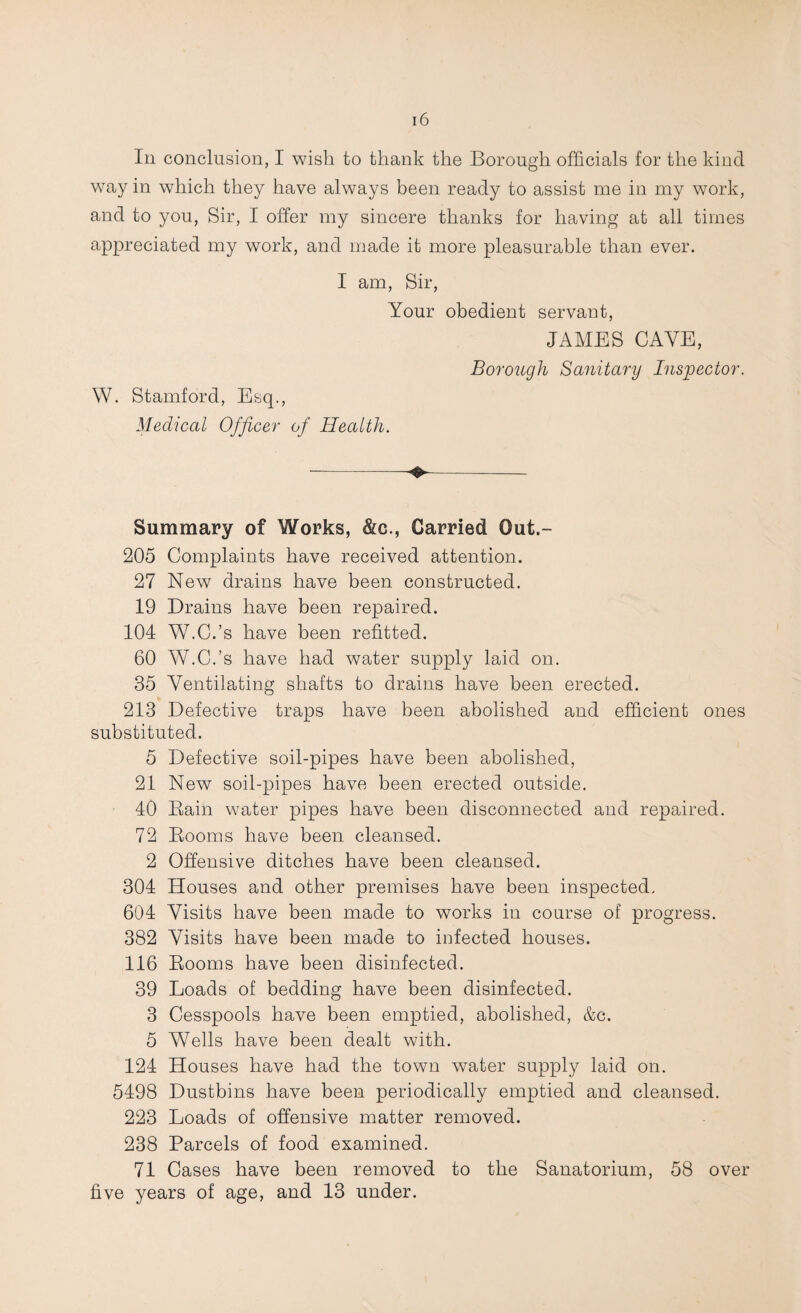 In conclusion, I wish to thank the Borough officials for the kind way in which they have always been ready to assist me in my work, and to you. Sir, I offer my sincere thanks for having at all times appreciated my work, and made it more pleasurable than ever. I am. Sir, Your obedient servant, JAMES CAVE, Borough Sanitary Inspector. W. Stamford, Esq., Medical Officer of Health. Summary of Works, &c., Carried Out.- 205 Complaints have received attention. 27 New drains have been constructed. 19 Drains have been repaired. 104 W.C.’s have been refitted. 60 W.C.’s have had water supply laid on. 35 Ventilating shafts to drains have been erected. 213 Defective traps have been abolished and efficient ones substituted. 5 Defective soil-pipes have been abolished, 21 New soil-pipes have been erected outside. 40 Eaiii water pipes have been disconnected and repaired. 72 Booms have been cleansed. 2 Offensive ditches have been cleansed. 304 Houses and other premises have been inspected. 604 Visits have been made to works in course of progress. 382 Visits have been made to infected houses. 116 Booms have been disinfected. 39 Loads of bedding have been disinfected. 3 Cesspools have been emptied, abolished, &c. 5 Wells have been dealt with. 124 Houses have had the town water supply laid on. 5498 Dustbins have been periodically emptied and cleansed. 223 Loads of offensive matter removed. 238 Parcels of food examined. 71 Cases have been removed to the Sanatorium, 58 over five years of age, and 13 under.