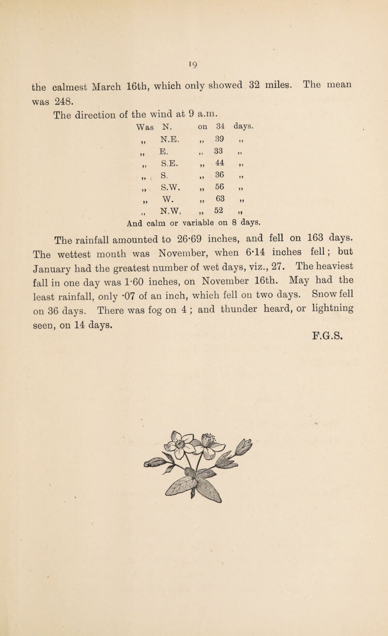 th.6 calniGst March. 16th, which only showed 32 miles. The mean was 248. The direction of the wind at 9 a.m. Was N. on 34 days, )) N.E. )) 39 y y n E. )) 33 >* 51 S.E. n 44 y y )» S. ty 36 yy jy S.W. yy 56 yy n W. yy 63 yy ) t N.W, yy 52 yy And calm or variable on 8 days. The rainfall amounted to 26’69 inches, and fell on 163 days. The wettest month was November, when 6*14 inches fell, but January had the greatest number of wet days, viz., 27. The heaviest fall in one day was 1’60 inches, on November 16th. May had the least rainfall, only *07 of an inch, which fell on two days. Snow fell on 36 days. There was fog on 4 ; and thunder heard, or lightning seen, on 14 days. F.G.S.