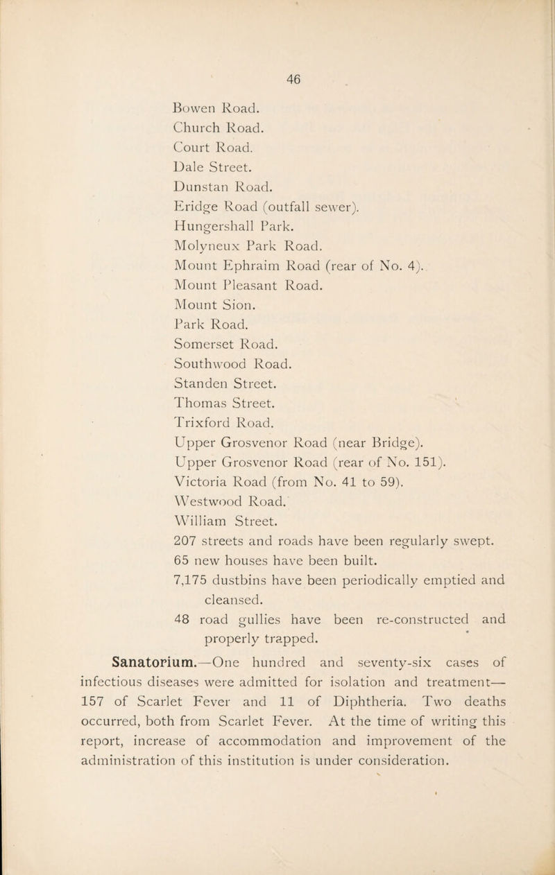 Bowen Road. Church Road. Court Road. Dale Street. Dunstan Road. Eridcre Road (outfall sewer). Hu ngershall Park. Molyneux Park Road. Mount Ephraim Road (rear of No. 4). Mount Ideasant Road. Mount Sion. Park Road. Somerset Road. Southwood Road. Standen Street. Thomas Street. Trixford Road. Upper Grosvenor Road (near Bridge). Upper Grosvenor Road (rear of No. 151). Victoria Road (from No. 41 to 59). Westwood Road. William Street. 207 streets and roads have been regularly swept. 65 new houses have been built. 7,175 dustbins have been periodically emptied and cleansed. 48 road gullies have been re-constructed and properly trapped. SanatOPium.—One hundred and seventy-six cases of infectious diseases were admitted for isolation and treatment— 157 of Scarlet Fever and 11 of Diphtheria. Two deaths occurred, both from Scarlet Fever. At the time of writing this report, increase of accommodation and improvement of the administration of this institution is under consideration.