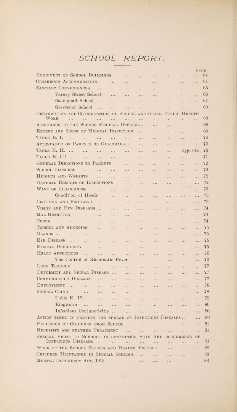 SCHOOL REPORT PAGE. Equipment of School Buildings ... . . . 04 Cloakroom Accommodation ... . . . ... 64 Sanitary Conveniences ... ... 65 Varney Street School ... . . 66 Basinghall School ... ... ... ... 67 Grosveoor School ... ... 68 Organisation and Co-ordination op School AKD OTHER Public Health Work ... . ... ,.. 68 Assistance to the School Medical Officer... ... ... 68 Extent and Scope op Medical Inspection .. • ... ... . • . ... 69 Table E. I, • • • ... • •. 70 Attendance op Parents or Guardians... ... ... ... ... ... 70 Table E. II. ... ... ... opposite 70 Table E. III. ... . ... ... . . . 71 General Directions to Parents • •« ... . . . ... 72 School Closures • • • ... ... . . . ... 72 Heights and Weights ... • .. ... 72 Gener.al Results op Inspections ... ... ... ... 72 Want op Cleanliness .«. . . ... . . . ... 73 Condition of Heads . * • ... ... ... ... 73 Clothing and Footgear ... ... ... ... ... 73 Vision and Eye Diseases ... . • • • ... ... 74 Mal-Nutrition ... 74 Teeth ... ... ... ... ... 74 Tonsils and Adenoids «• • ... • •. ... ... 75 Glands ... • • • ... 75 Ear Disease ... ... .. • • • • • • ... 75 Mental Deficiency ... ... ... ... ... 75 Heart Affections • • • ... ... ... ... 76 The Control of Rheumatic Fever ... ... ... 76 Lung Trouble . . ... ... ... 77 Deformity and Spinal Disease ... • • • ... ... ... ... 77 Communicable Diseases • • • ... • •. • . • 77 Employment ... • • * ••• ... ... •. 78 School Clinic . ... ... ... 78 Table E. IV. ... ... 79 Ringworm .. 80 Infectious Conjunctivitis ... ... ••• ... ... * • • 80 Action taken to prevent the spread of Infectious Diseases 80 Exclusion op Children from School ... ... ... ... 81 Necessity for further Treatment . . , ... ... ... 81 Special Visits to Schools in connection with the occurrence of Infectious Diseases .. . ... ... ... 81 Work of the School Nurses and Health Visitors ... 82 Children Maintained in Special Schools ... ... ... ... 83 Mental Deficiency Act, 1913 . • • • ... ... 83