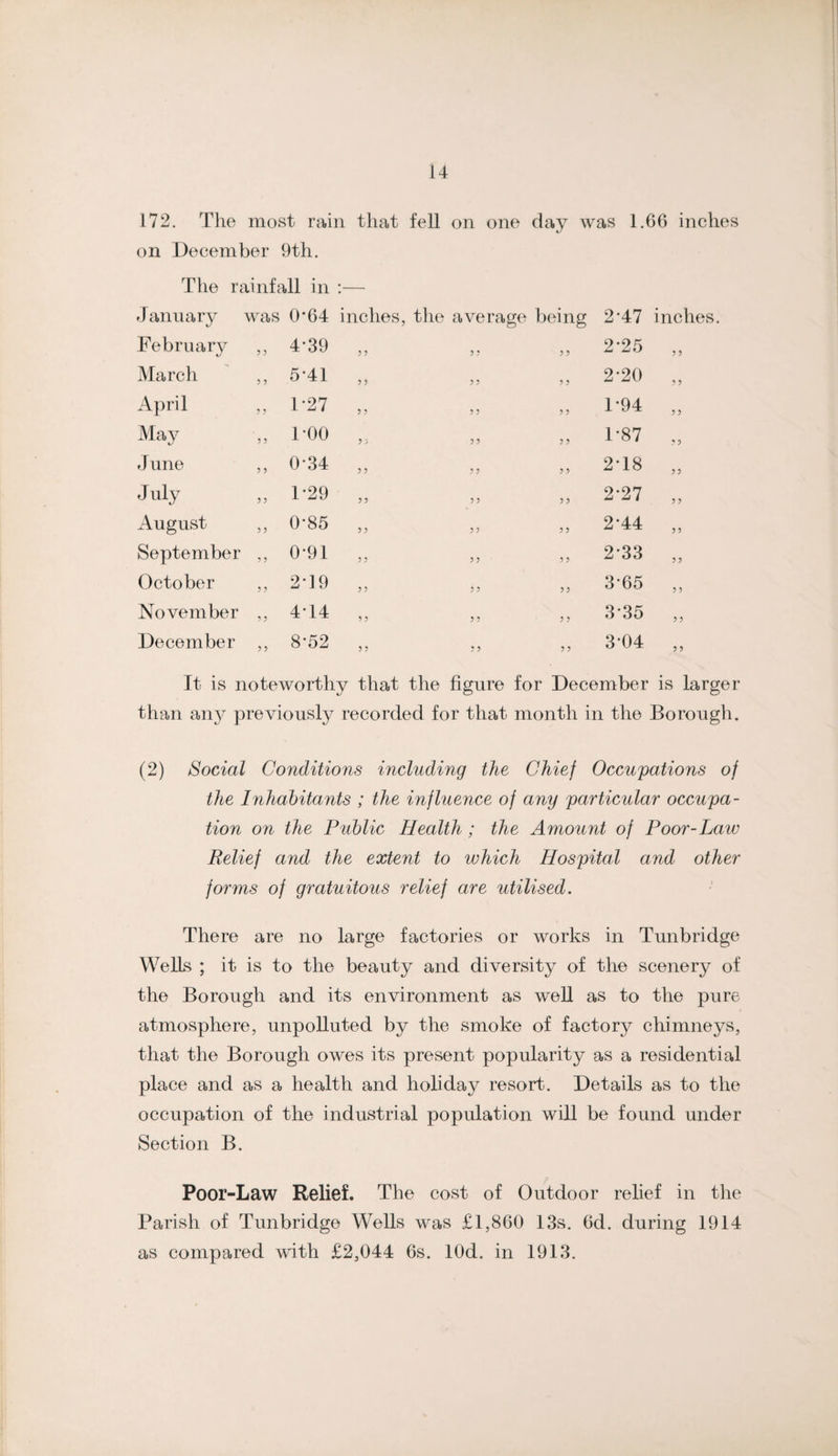 172. Tlie most rain tliat fell on one day was 1.66 inches on December 9tli. The rainfall in :— January was 0*64 inches, tlie average being 2-47 inches February 4-39 ? ? ? ? ? ? 2-25 ? ? March 5 ? 5*41 ? ? ? ? 2*20 ? ? April ? ? 1-27 5 ? ? 5 ? ? T94 ? ? May ? ? TOO ?; ?? ?? T87 .*• 5 June ? ? 0-34 ? ? ^ ? ? 5 2T8 ? ? July ? ? T29 ? ? ? ? 5 > 2-27 ? > August ? ? 0*85 ? ? ? ? ? ? 2*44 September 0-91 ? 5 ? ? ? ? 2-33 ? ? October ? ? 2*19 ? ? ?? 3-65 ? ? November ? ? 4T4 5 ? ? ? ? ? 3'35 ? ? December 8*52 ? ? ? ? ? ? 3-04 ? 9 It is noteworthy that the figure for December is larger than any previously recorded for that month in the Borough. (2) Social Conditions including the Chief Occupations of the Inhabitants ; the influence of any particular occupa¬ tion on the Public Health ; the Amount of Poor-Law Relief and the extent to which Hospital and other forms of gratuitous relief are utilised. There are no large factories or works in Tunbridge Wells ; it is to the beauty and diversity of the scenery of the Borough and its environment as weU as to the pure atmosphere, unpolluted by the smoke of factory chimneys, that the Borough owes its present popularity as a residential place and as a health and holiday resort. Details as to the occupation of the industrial population will be found under Section B. Poor-Law Relief. The cost of Outdoor relief in tlie Parish of Tunbridge Wells was £1,860 13s. 6d. during 1914 as compared with £2,044 6s. lOd. in 1913.