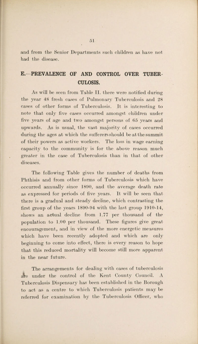 and from the Senior Departments such children as have not had the disease. E.^PREVALENCE OF AND CONTROL OVER TUBER¬ CULOSIS. As will be seen from Table II. there were notified during the year 48 fresh cases of Pulmonary Tuberculosis and 28 cases of other forms of Tuberculosis. It is interesting to note that only five cases occurred amongst children under five years of age and two amongst persons of 65 years and upwards. As is usual, the vast majority of cases occurred during the ages at which the sufferers should be at the summit of their powers as active workers. The loss in wage earning capacity to the community is for the above reason much greater in the case of Tuberculosis than in that of other diseases. The following Table gives the number of deaths from Phthisis and from other forms of Tuberculosis which have occurred annually since 1890, and the average death rate as expressed for periods of five years. It will be seen that there is a gradual and steady decline, which contrasting the first group of the years 1890-94 with the last group 1910-14, shows an actual decline from 1.77 per thousand of the population to 1.00 per thousand. These figures give great encouragement, and in view of the more energetic measures which have been recently adopted and which are only beginning to come into effect, there is every reason to hope that this reduced mortality will become still more apparent in the near future. The arrangements for dealing with cases of tuberculosis a^e under the control of the Kent County Council. A Tuberculosis Dispensary has been established in the Borough to act as a centre to which Tuberculosis patients may be referred for examination by the Tuberculosis Officer, who