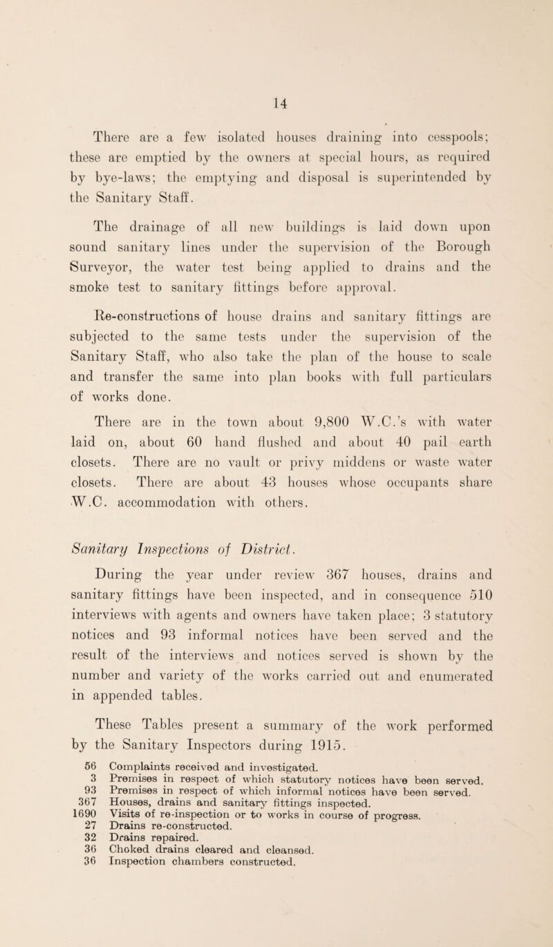 There are a few isolated houses draining into cesspools; these are emptied by the owners at special hours, as required by bye-laws; the emptying and disposal is superintended by the Sanitary Staff. The drainage of all new buildings is laid down upon sound sanitary lines under the supervision of the Borough Surveyor, the water test being applied to drains and the smoke test to sanitary fittings before approval. Re-constructions of house drains and sanitary fittings are subjected to the same tests under the supervision of the Sanitary Staff, who also take the plan of the house to scale and transfer the same into plan books Avith full particulars of works done. There are in the town about 9,800 W.C.’s with Avater laid on, about 60 hand flushed and about 40 pail earth closets. There are no vault or privy middens or Avaste AA^ater closets. There are about 43 houses Avhose occupants share W.C. accommodation Avith others. Sanitary Inspections of District. During the year under revicAv 367 houses, drains and sanitary fittings have been inspected, and in consequence 510 interviews Avith agents and OAvners have taken place; 3 statutory notices and 93 informal notices haA^e been served and the result of the intervicAA^s and notices served is shoAvn by the number and variety of the Avorks carried out and enumerated in appended tables. These Tables present a summary of the AA^ork performed by the Sanitary Inspectors during 1915. 56 Complaints received and investigated. 3 Premises in respect of which statutory notices have been served, 93 Premises in respect of which informal notices have been served. 367 Houses, drains and sanitary fittings inspected, 1690 Visits of re-inspection or to works in course of progress. 27 Drains re-constructed. 32 Drains repaired. 36 Choked drains cleared and cleansed. 36 Inspection chambers constructed.