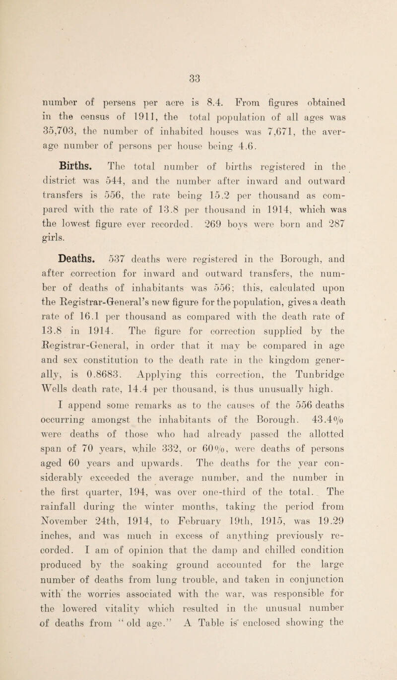 number of persons per acre is 8.4. From figures obtained in tlie census of 1911, the total population of all ages was 35,703, the number of inhabited liouses was 7,671, the aver¬ age number of persons per house being 4.6. Births. The total number of births registered in the district was 544, and the number after inward and outward transfers is 556, the rate being 15.2 per thousand as com¬ pared with the rate of 13.8 per thousand in 1914, which was the lowest figure ever recorded. 269 boys were born and 287 girls. Deaths. 537 deaths were registered in the Borough, and after correction for inward and outward transfers, the num¬ ber of deaths of inhabitants was 556; this, calculated upon the Begistrar-Gfeneral’s new figure for the population, gives a death rate of 16.1 per thousand as compared with the death rate of 13.8 in 1914. The figure for correction supplied by the Begistrar-General, in order that it may be compared in age and sex constitution to the death rate in the kingdom gener¬ ally, is 0.8683. Applying this correction, the Tunbridge Wells death rate, 14.4 per thousand, is thus unusually high. I append some remarks as to the causes of the 556 deaths occurring amongst the inhabitants of the Borough. 43.4o/o were deaths of those who had already passed the allotted span of 70 years, \vhile 332, or 60o/o, were deaths of persons aged 60 years and upwards. The deaths for the year con¬ siderably exceeded the average number, and the number in the first quarter, 194, was over one-third of the total. The rainfall during the winter months, taking the period from November 24th, 1914, to February 19th, 1915, was 19.29 inches, and was much in excess of anything previously re¬ corded. I am of opinion that the damp and chilled condition produced by the soaking ground accounted for the large number of deaths from lung trouble, and taken in conjunction with' the worries associated with the war, was responsible for the lowered vitality which resulted in tlie unusual number of deaths from “ old age.” A Table is' enclosed showing the