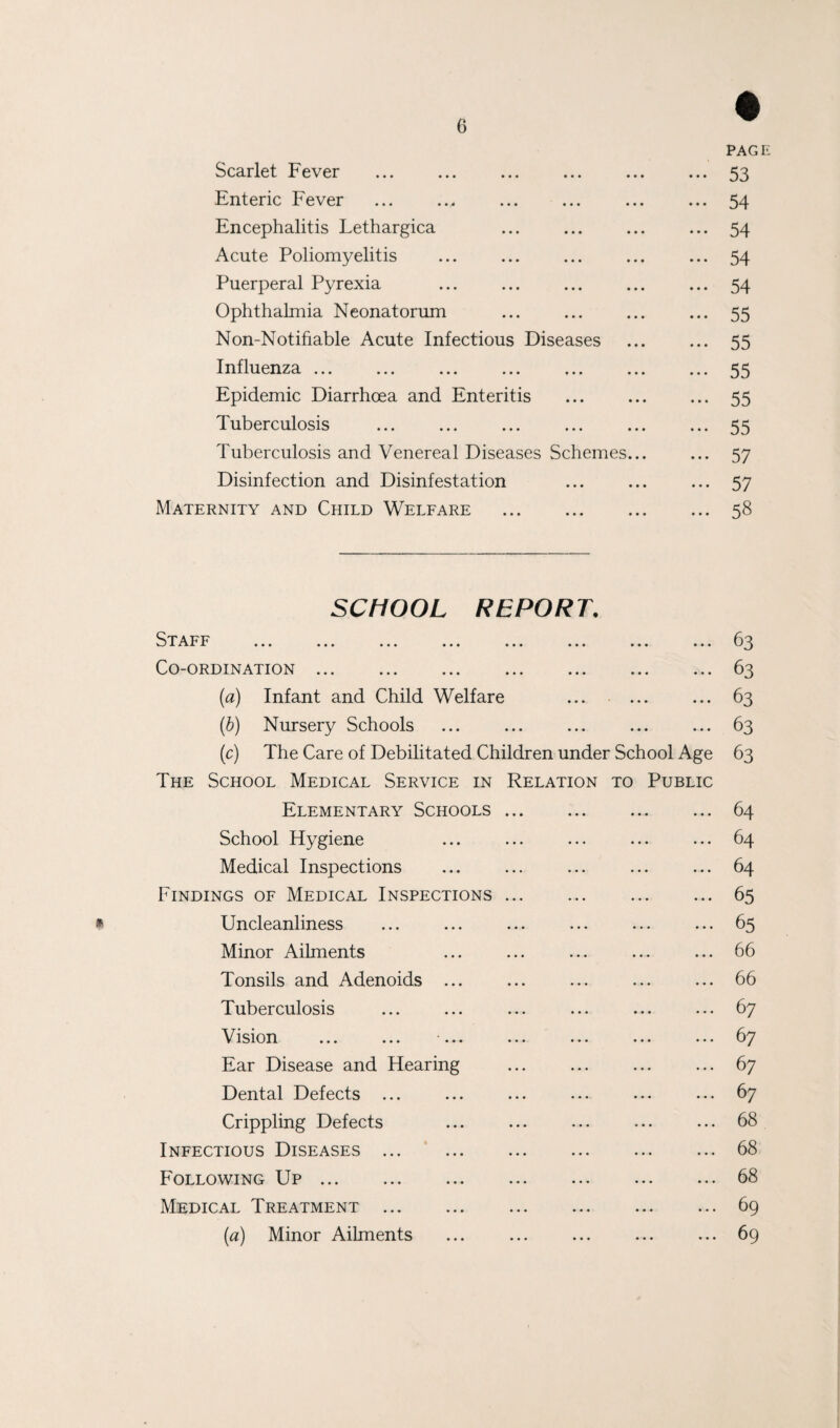 # PAGE Scarlet Fever ... ... ... ... ... ... 53 Enteric Fever ... .., ... ... ... ... 54 Encephalitis Lethargica ... ... ... ... 54 Acute Poliomyelitis ... ... ... ... ... 54 Puerperal Pyrexia ... ... ... ... ... 54 Ophthalmia Neonatorum ... ... ... ... 55 Non-Notihable Acute Infectious Diseases ... ... 55 Influenza.55 Epidemic Diarrhoea and Enteritis ... ... ... 55 Tuberculosis ... ... ... ... ... ... 55 Tuberculosis and Venereal Diseases Schemes... ... 57 Disinfection and Disinfestation ... ... ... 57 Maternity and Child Welfare .58 SCHOOL REPORT. Staff ... ... ... ... ... ... ... ... Co-ordination ... ... ... ... ... ... ... 63 (a) Infant and Child Welfare ... ... ... 63 (b) Nursery Schools ... ... ... ... ... 63 (c) The Care of Debilitated Children under School Age 63 The School Medical Service in Relation to Public Elementary Schools.64 School Hygiene ... ... ... ... ... 64 Medical Inspections ... ... ... ... ... 64 Findings of Medical Inspections.65 * Uncleanliness ... ... ... ... ... ... 65 Minor Ailments ... ... ... ... ... 66 Tonsils and Adenoids ... ... ... ... ... 66 Tuberculosis ... ... ... ... ... ... 6 7 Vision ... ... •... ... ... ... ... 67 Ear Disease and Hearing ... ... ... ... 67 Dental Defects ... ... ... ... ... ... 67 Crippling Defects ... ... ... ... ... 68 Infectious Diseases.68 Following Up.68 Medical Treatment.69 (a) Minor Ailments ... ... ... ... ... 69