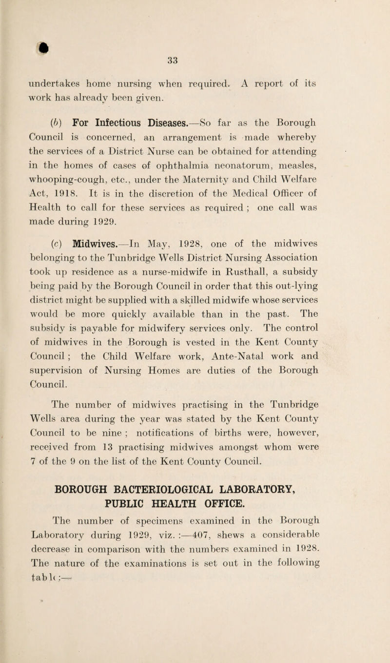 undertakes home nursing when required. A report of its work has already been given. (6) For Infectious Diseases.—So far as the Borough Council is concerned, an arrangement is made whereby the services of a District Nurse can be obtained for attending in the homes of cases of ophthalmia neonatorum, measles, whooping-cough, etc., under the Maternity and Child Welfare Act, 1918. It is in the discretion of the Medical Officer of Health to call for these services as required ; one call was made during 1929. (c) Midwives.—In May, 1928, one of the midwives belonging to the Tunbridge Wells District Nursing Association took up residence as a nurse-midwife in Rusthall, a subsidy being paid by the Borough Council in order that this out-lying district might be supplied with a skilled midwife whose services would be more quickly available than in the past. The subsidy is payable for midwifery services only. The control of midwives in the Borough is vested in the Kent County Council ; the Child Welfare work, Ante-Natal work and supervision of Nursing Homes are duties of the Borough Council. The number of midwives practising in the Tunbridge Wells area during the year was stated by the Kent County Council to be nine ; notifications of births were, however, received from 13 practising midwives amongst whom were 7 of the 9 on the list of the Kent County Council. BOROUGH BACTERIOLOGICAL LABORATORY, PUBLIC HEALTH OFFICE. The number of specimens examined in the Borough Laboratory during 1929, viz. :—407, shews a considerable decrease in comparison with the numbers examined in 1928. The nature of the examinations is set out in the following tab 1(:—