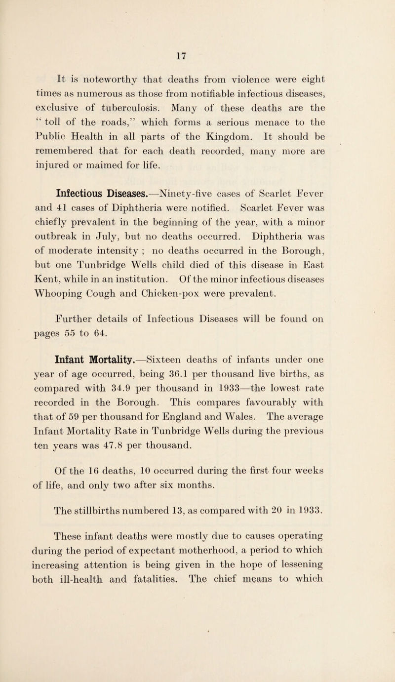 It is noteworthy that deaths from violence were eight times as numerous as those from notifiable infectious diseases, exclusive of tuberculosis. Many of these deaths are the “ toll of the roads,” which forms a serious menace to the Public Health in all parts of the Kingdom. It should be remembered that for each death recorded, many more are injured or maimed for life. Infectious Diseases.—Ninety-five cases of Scarlet Fever and 41 cases of Diphtheria were notified. Scarlet Fever was chiefly prevalent in the beginning of the year, with a minor outbreak in July, but no deaths occurred. Diphtheria was of moderate intensity ; no deaths occurred in the Borough, but one Tunbridge Wells child died of this disease in East Kent, while in an institution. Of the minor infectious diseases Whooping Cough and Chicken-pox were prevalent. Further details of Infectious Diseases will be found on pages 55 to 64. Infant Mortality.—Sixteen deaths of infants under one year of age occurred, being 36.1 per thousand live births, as compared with 34.9 per thousand in 1933—the lowest rate recorded in the Borough. This compares favourably with that of 59 per thousand for England and Wales. The average Infant Mortality Rate in Tunbridge Wells during the previous ten years was 47.8 per thousand. Of the 16 deaths, 10 occurred during the first four weeks of life, and only two after six months. The stillbirths numbered 13, as compared with 20 in 1933. These infant deaths were mostly due to causes operating during the period of expectant motherhood, a period to which increasing attention is being given in the hope of lessening both ill-health and fatalities. The chief means to which