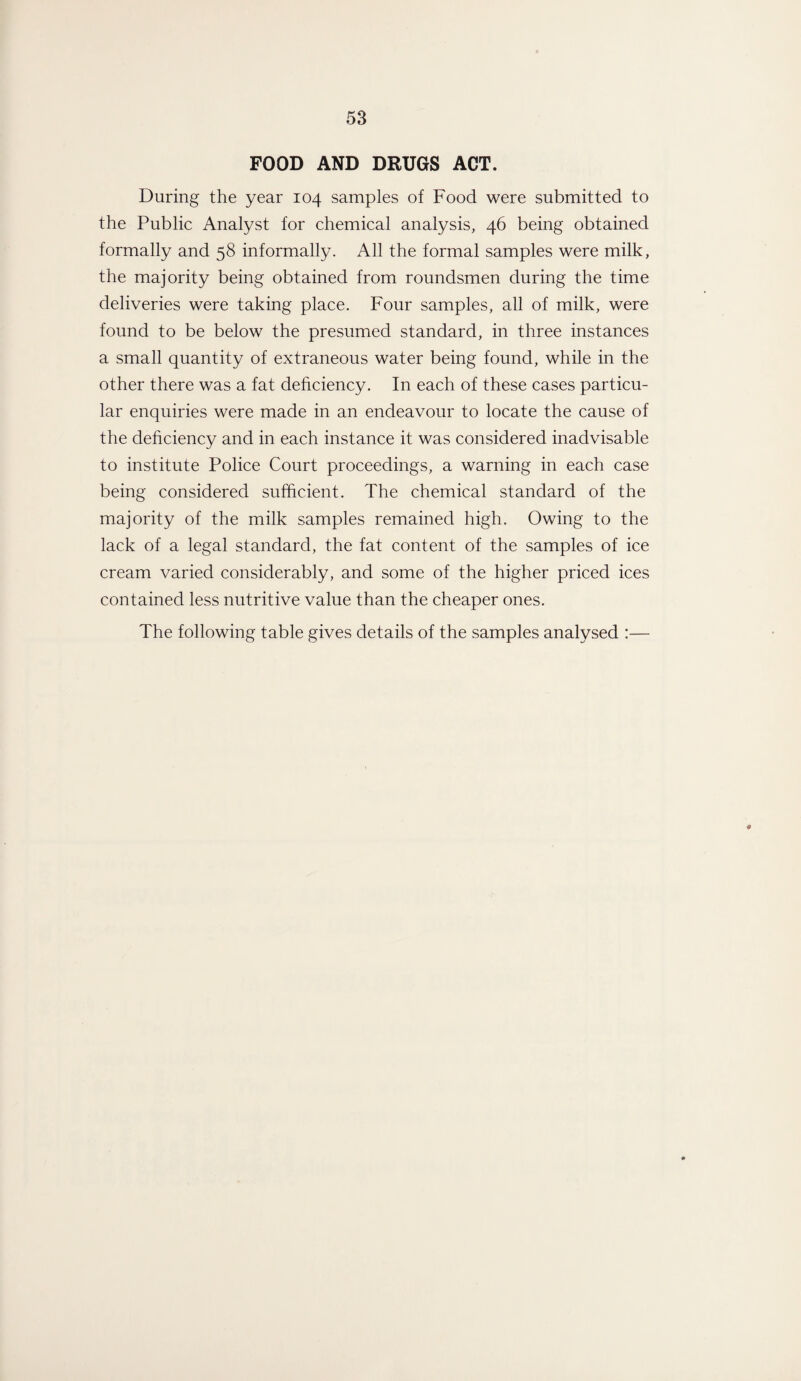 FOOD AND DRUGS ACT. During the year 104 samples of Food were submitted to the Public Analyst for chemical analysis, 46 being obtained formally and 58 informally. All the formal samples were milk, the majority being obtained from roundsmen during the time deliveries were taking place. Four samples, all of milk, were found to be below the presumed standard, in three instances a small quantity of extraneous water being found, while in the other there was a fat deficiency. In each of these cases particu¬ lar enquiries were made in an endeavour to locate the cause of the deficiency and in each instance it was considered inadvisable to institute Police Court proceedings, a warning in each case being considered sufficient. The chemical standard of the majority of the milk samples remained high. Owing to the lack of a legal standard, the fat content of the samples of ice cream varied considerably, and some of the higher priced ices contained less nutritive value than the cheaper ones.