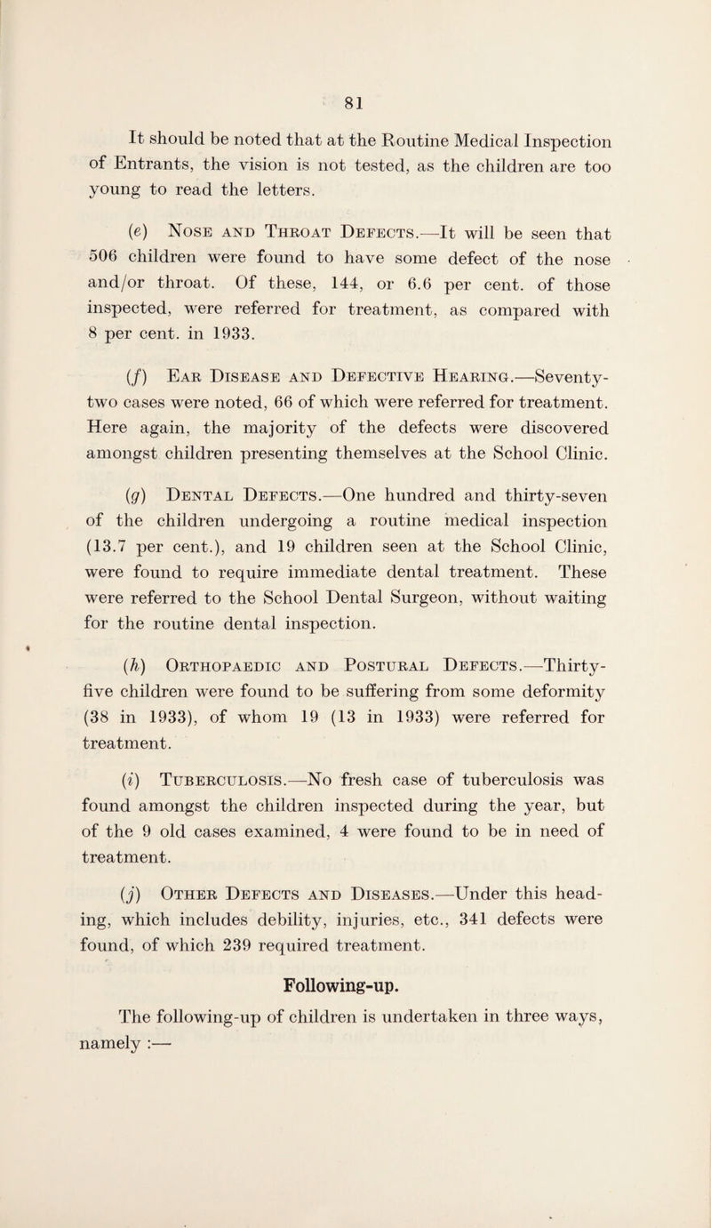 It should be noted that at the Routine Medical Inspection of Entrants, the vision is not tested, as the children are too young to read the letters. (e) Nose and Throat Defects.—It will be seen that 506 children were found to have some defect of the nose and/or throat. Of these, 144, or 6.6 per cent, of those inspected, were referred for treatment, as compared with 8 per cent, in 1933. (/) Ear Disease and Defective Hearing.—Seventy- two cases were noted, 66 of which were referred for treatment. Here again, the majority of the defects were discovered amongst children presenting themselves at the School Clinic. (g) Dental Defects.—One hundred and thirty-seven of the children undergoing a routine medical inspection (13.7 per cent.), and 19 children seen at the School Clinic, were found to require immediate dental treatment. These were referred to the School Dental Surgeon, without waiting for the routine dental inspection. (h) Orthopaedic and Postural Defects.—Thirty- five children were found to be suffering from some deformity (38 in 1933), of whom 19 (13 in 1933) were referred for treatment. (i) Tuberculosis.—No fresh case of tuberculosis was found amongst the children inspected during the year, but of the 9 old cases examined, 4 were found to be in need of treatment. (j) Other Defects and Diseases.—Under this head¬ ing, which includes debility, injuries, etc., 341 defects were found, of which 239 required treatment. Following-up. The following-up of children is undertaken in three ways, namely :—