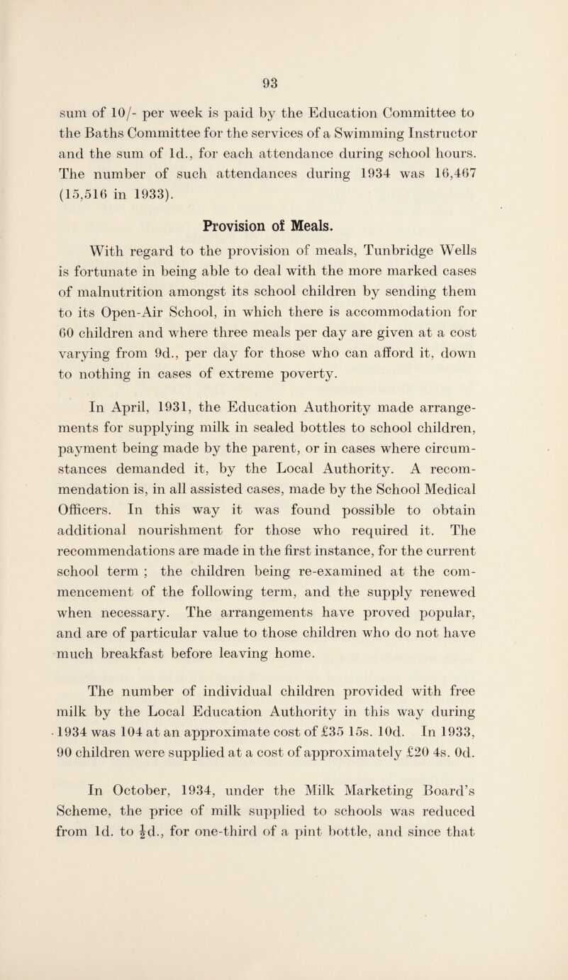 sum of 10/- per week is paid by the Education Committee to the Baths Committee for the services of a Swimming Instructor and the sum of Id., for each attendance during school hours. The number of such attendances during 1934 was 16,467 (15,516 in 1933). Provision of Meals. With regard to the provision of meals, Tunbridge Wells is fortunate in being able to deal with the more marked cases of malnutrition amongst its school children by sending them to its Open-Air School, in which there is accommodation for 60 children and where three meals per day are given at a cost varying from 9d., per day for those who can afford it, down to nothing in cases of extreme poverty. In April, 1931, the Education Authority made arrange¬ ments for supplying milk in sealed bottles to school children, payment being made by the parent, or in cases where circum¬ stances demanded it, by the Local Authority. A recom¬ mendation is, in all assisted cases, made by the School Medical Officers. In this way it was found possible to obtain additional nourishment for those who required it. The recommendations are made in the first instance, for the current school term ; the children being re-examined at the com¬ mencement of the following term, and the supply renewed when necessary. The arrangements have proved popular, and are of particular value to those children who do not have much breakfast before leaving home. The number of individual children provided with free milk by the Local Education Authority in this way during • 1934 was 104 at an approximate cost of £35 15s. lOd. In 1933, 90 children were supplied at a cost of approximately £20 4s. Od. In October, 1934, under the Milk Marketing Board’s Scheme, the price of milk supplied to schools was reduced from Id. to |d., for one-third of a pint bottle, and since that