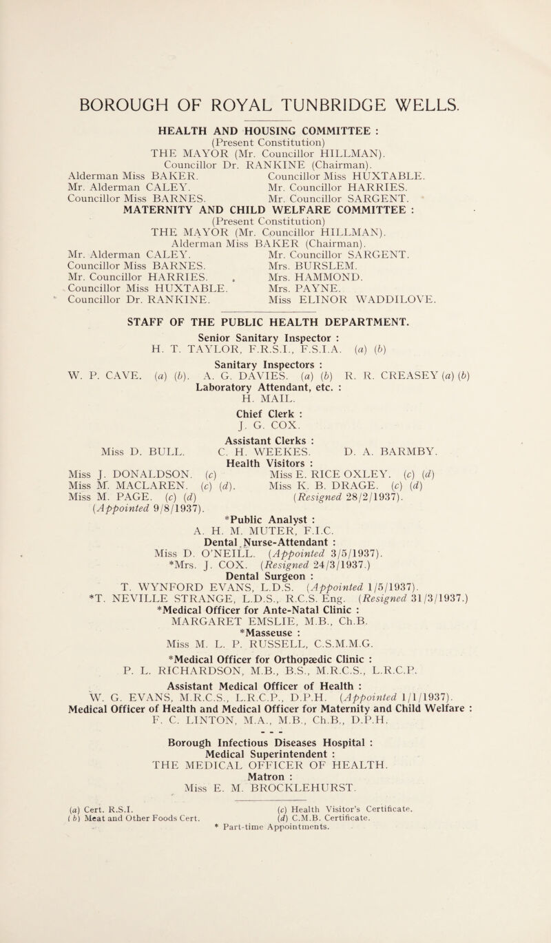 HEALTH AND HOUSING COMMITTEE : (Present Constitution) THE MAYOR (Mr. Councillor HILLMAN). Councillor Dr. RANKINE (Chairman). Alderman Miss BAKER. Councillor Miss HUXTABLE. Mr. Alderman CALEY. Mr. Councillor HARRIES. Councillor Miss BARNES. Mr. Councillor SARGENT. MATERNITY AND CHILD WELFARE COMMITTEE : (Present Constitution) THE MAYOR (Mr. Councillor HILLMAN). Alderman Miss Mr. Alderman CALEY. Councillor Miss BARNES. Mr. Councillor HARRIES. Councillor Miss HUXTABLE. Councillor Dr. RANKINE. BAKER (Chairman). Mr. Councillor SARGENT. Mrs. BURSLEM. Mrs. HAMMOND. Mrs. PAYNE. Miss ELINOR WADDILOVE. STAFF OF THE PUBLIC HEALTH DEPARTMENT. Senior Sanitary Inspector : H. T. TAYLOR, F.R.S.I., F.S.I.A. (a) (6) Sanitary Inspectors : W. P. CAVE, (a) (b). A. G. DAVIES, (a) (b) R. R. CREASEY (a) (b) Laboratory Attendant, etc. : H. MAIL. Chief Clerk : j. G. COX. Accictant * Miss D. BULL. C. H. WEEKES.* D. A. BARMBY. Health Visitors : Miss J. DONALDSON, [c) Miss E. RICE OXLEY, (c) (d) Miss M. MACLAREN. (c) {d). Miss K. B. DRAGE. (c) {d) Miss M. PAGE, (c) (d) (Resigned 28/2/1937). (.Appointed 9/8/1937). * Public Analyst : A. H. M. MUTER, F.I.C. Dental, Nurse-Attendant : Miss D. O'NEILL. (Appointed 3/5/1937). *Mrs. J. COX. (Resigned 24/3/1937.) Dental Surgeon : T. WYNFORD EVANS, L.D.S. (Appointed 1/5/1937). *T. NEVILLE STRANGE, L.D.S., R.C.S. Eng. {Resigned 31/3/1937.) *Medical Officer for Ante-Natal Clinic : MARGARET EMSLIE, M.B., Ch.B. Miss M. L. P. RUSSELL, C.S.M.M.G. * Medical Officer for Orthopaedic Clinic : P. L. RICHARDSON, M.B., B.S., M.R.C.S., L.R.C.P. Assistant Medical Officer of Health : W. G. EVANS, M.R.C.S., L.R.C.P., D.P.H. (Appointed 1/1/1937). Medical Officer of Health and Medical Officer for Maternity and Child Welfare F. C. LINTON, M.A., M B., Ch.B., D.P.H. Borough Infectious Diseases Hospital : Medical Superintendent : THE MEDICAL OFFICER OF HEALTH. Matron : Miss E. M. BROCKLEHURST. (a) Cert. R.S.I. ( b) Meat and Other Foods Cert (c) Health Visitor’s Certificate. id) C.M.B. Certificate. * Part-time Appointments.