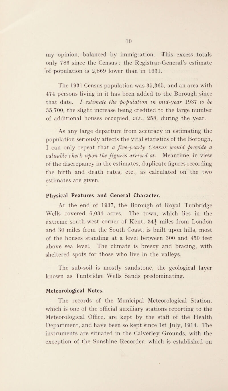 my opinion, balanced by immigration. This excess totals only 786 since the Census : the Registrar-General’s estimate of population is 2,869 lower than in 1931. The 1931 Census population was 35,365, and an area with 474 persons living in it has been added to the Borough since that date. I estimate the population in mid-year 1937 to be 35,700, the slight increase being credited to the large number of additional houses occupied, viz., 258, during the year. As any large departure from accuracy in estimating the population seriously affects the vital statistics of the Borough, 1 can only repeat that a five-yearly Census would provide a valuable check upon the figures arrived at. Meantime, in view of the discrepancy in the estimates, duplicate figures recording the birth and death rates, etc., as calculated on the two estimates are given. Physical Features and General Character. At the end of 1937, the Borough of Royal Tunbridge Wells covered 6,034 acres. The town, which lies in the extreme south-west corner of Kent, 34^ miles from Tondon and 30 miles from the South Coast, is built upon hills, most of the houses standing at a level between 300 and 450 feet above sea level. The climate is breezy and bracing, with sheltered spots for those who live in the valleys. The sub-soil is mostly sandstone, the geological layer known as Tunbridge Wells Sands predominating. Meteorological Notes. The records of the Municipal Meteorological Station, which is one of the official auxiliary stations reporting to the Meteorological Office, are kept by the staff of the Health Department, and have been so kept since 1st July, 1914. The instruments are situated in the Calverley Grounds, with the exception of the Sunshine Recorder, which is established on