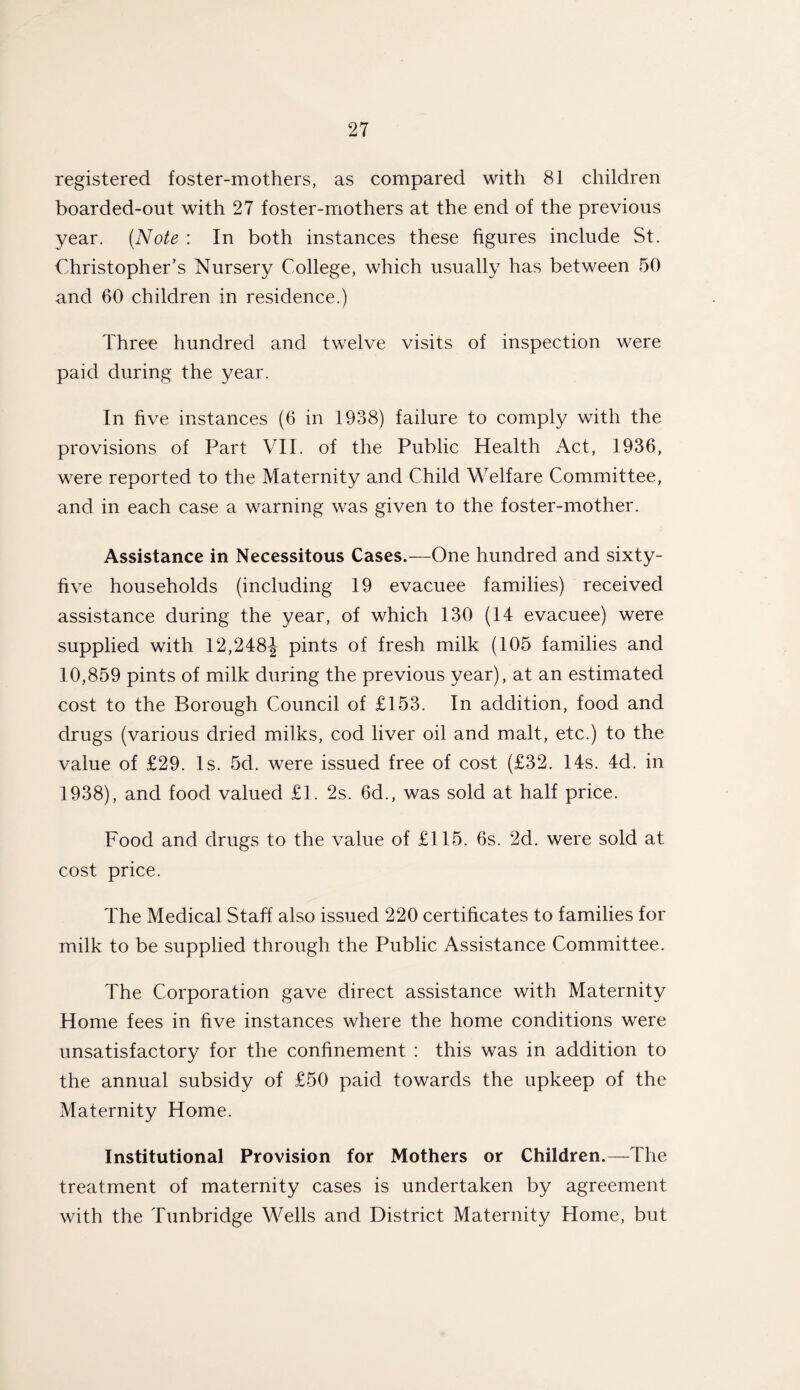 registered foster-mothers, as compared with 81 children boarded-out with 27 foster-mothers at the end of the previous year. (Note : In both instances these figures include St. Christopher’s Nursery College, which usually has between 50 and 60 children in residence.) Three hundred and twelve visits of inspection were paid during the year. In five instances (6 in 1938) failure to comply with the provisions of Part VII. of the Public Health Act, 1936, were reported to the Maternity and Child Welfare Committee, and in each case a warning was given to the foster-mother. Assistance in Necessitous Cases.—One hundred and sixty- five households (including 19 evacuee families) received assistance during the year, of which 130 (14 evacuee) were supplied with 12,248| pints of fresh milk (105 families and 10,859 pints of milk during the previous year), at an estimated cost to the Borough Council of £153. In addition, food and drugs (various dried milks, cod liver oil and malt, etc.) to the value of £29. Is. 5d. were issued free of cost (£32. 14s. 4d. in 1938), and food valued £1. 2s. 6d., was sold at half price. Food and drugs to the value of £115. 6s. 2d. were sold at cost price. The Medical Staff also issued 220 certificates to families for milk to be supplied through the Public Assistance Committee. The Corporation gave direct assistance with Maternity Home fees in five instances where the home conditions were unsatisfactory for the confinement : this was in addition to the annual subsidy of £50 paid towards the upkeep of the Maternity Home. Institutional Provision for Mothers or Children.—The treatment of maternity cases is undertaken by agreement with the Tunbridge Wells and District Maternity Home, but