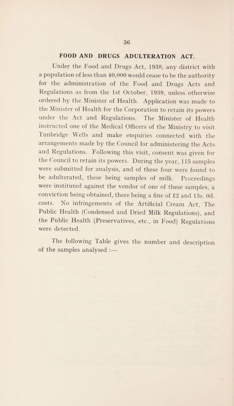 FOOD AND DRUGS ADULTERATION ACT. Under the Food and Drugs Act, 1938, any district with a population of less than 40,000 would cease to be the authority for the administration of the Food and Drugs Acts and Regulations as from the 1st October, 1939, unless otherwise ordered by the Minister of Flealth. Application was made to the Minister of Health for the Corporation to retain its powers under the Act and Regulations. The Minister of Health instructed one of the Medical Officers of the Ministry to visit 1 unbridge Wells and make enquiries connected with the arrangements made by the Council for administering the Acts and Regulations. Following this visit, consent was given for the Council to retain its powers. During the year, 115 samples were submitted for analysis, and of these four were found to be adulterated, these being samples of milk. Pioceedings were instituted against the vendor of one of these samples, a conviction being obtained, there being a fine of £2 and 13s. Od. costs. No infringements of the Artificial Cream Act, The Public Health (Condensed and Dried Milk Regulations), and the Public Health (Preservatives, etc., in Food) Regulations were detected. The following Table gives the number and description of the samples analysed :—