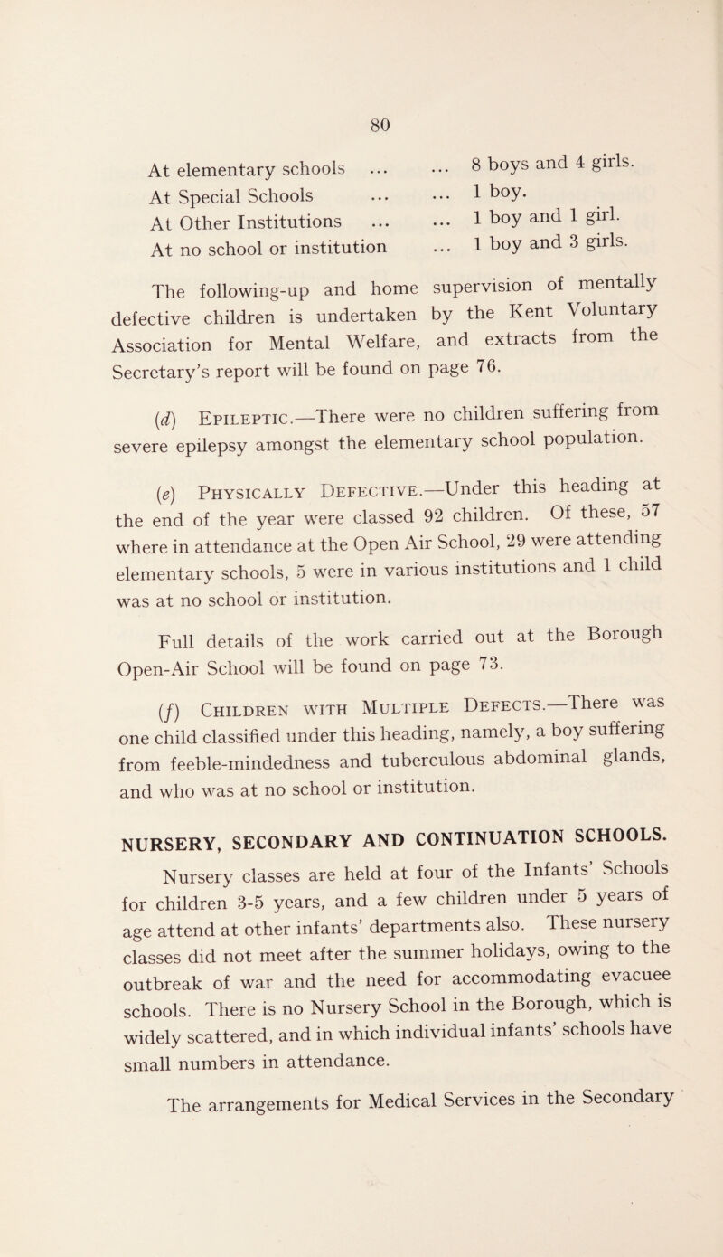 At elementary schools ... • •• 8 boys and 4 girls. At Special Schools ... ••• 1 hoy. At Other Institutions ... • •• 1 hoy and 1 girl. At no school or institution ... 1 boy and 3 girls. The following-up and home supervision of mentally defective children is undertaken by the Kent Voluntary Association for Mental Welfare, and extracts from the Secretary’s report will be found on page 76. (d) Epileptic.—There were no children suffering from severe epilepsy amongst the elementary school population. (e) Physically Defective.—Under this heading at the end of the year were classed 92 children. Of these, 57 where in attendance at the Open Air School, 29 were attending elementary schools, 5 were in various institutions and 1 child was at no school or institution. Full details of the work carried out at the Borough Open-Air School will be found on page 73. (/) Children with Multiple Defects. There was one child classified under this heading, namely, a boy suffering from feeble-mindedness and tuberculous abdominal glands, and who was at no school or institution. NURSERY, SECONDARY AND CONTINUATION SCHOOLS. Nursery classes are held at four of the Infants Schools for children 3-5 years, and a few children under 5 years of age attend at other infants’ departments also. These nursery classes did not meet after the summer holidays, owing to the outbreak of war and the need for accommodating evacuee schools. There is no Nursery School in the Borough, which is widely scattered, and in which individual infants’ schools have small numbers in attendance. The arrangements for Medical Services in the Secondary