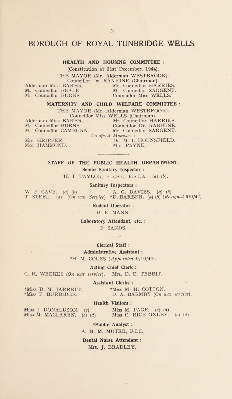 <L> BOROUGH OF ROYAL TUNBRIDGE WELLS. HEALTH AND HOUSING COMMITTEE : (Constitution at 31st December, 1944), THE MAYOR (Mr. Alderman WESTBROOK). Councillor Dr. RANKINE (Chairman). Alderman Miss BAKER. Mr. Councillor HARRIES. Mr. Councillor BEALE. Mr. Councillor SARGENT. Mr. Councillor BURNS. Councillor Miss WELLS. MATERNITY AND CHILD WELFARE COMMITTEE : THE MAYOR (Mr. Alderman WESTBROOK). Councillor Miss WELLS (Chairman). Alderman Miss BAKER. Mr. Councillor HARRIES. Mr. Councillor BURNS. Councillor Dr. RANKINE. Mr. Councillor CAMBURN. Mr. Councillor SARGENT. Co-opted Members : Mrs. GRIPPER. Dr. M. I. HOUNSFIELD. Mrs. HAMMOND. Mrs. PAYNE. STAFF OF THE PUBLIC HEALTH DEPARTMENT. Senior Sanitary Inspector : H. T. TAYLOR, F.R.S.I., F.S.I.A. (a) (b). Sanitary Inspectors : W. P. CAVE, (a) {b) A. G. DAVIES, (a) {b) T. STEEL, (a) (On war Service) *D. BARBER, (a) (b) (Resigned 6/9/44) Rodent Operator : B. E. MANN. Laboratory Attendant, etc. : F. SANDS. Clerical Staff : Administrative Assistant : *H. M. COLES (Appointed 9/10/44). Acting Chief Clerk : C. H. WEEKES (On war service). Mrs. D. E. TEBBIT. Assistant Clerks : *Miss D. M. JARRETT, *Miss M. H. COTTON. *Miss P. BURBIDGE. D. A. BARMBY (On war service). Health Visitors : Miss j. DONALDSON, (c) Miss M. PAGE, (c) (d) Miss M. MACLAREN. (c) (d) Miss E. RICE OXLEY, (c) (d) * Public Analyst : A. H. M. MUTER, F.I.C. Dental Nurse Attendant : Mrs. J. BRADLEY.