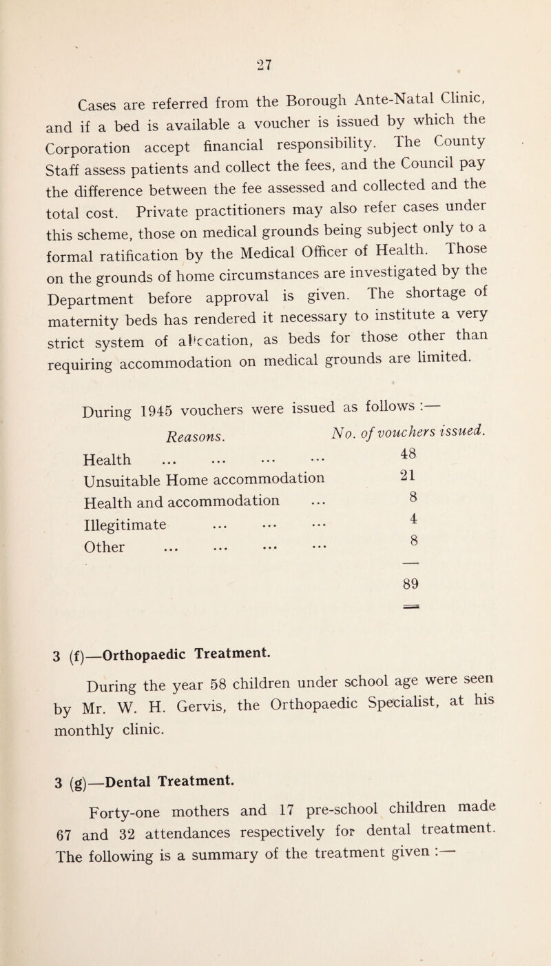 Cases are referred from the Borough Ante Natal Clinic, and if a bed is available a voucher is issued by which the Corporation accept financial responsibility. The County Staff assess patients and collect the fees, and the Council pay the difference between the fee assessed and collected and the total cost. Private practitioners may also refer cases under this scheme, those on medical grounds being subject only to a formal ratification by the Medical Officer of Health. Those on the grounds of home circumstances are investigated by the Department before approval is given. The shortage of maternity beds has rendered it necessary to institute a very strict system of aficcation, as beds for those other than requiring accommodation on medical grounds are limited. During 1945 vouchers were issued as follows Reasons No. oj vouchevs tssaed. Health . 48 Unsuitable Home accommodation 21 Health and accommodation ... 8 Illegitimate ... ••• ••• 4 O Other 89 3 (f)—Orthopaedic Treatment. During the year 58 children under school age were seen by Mr. W. H. Gervis, the Orthopaedic Specialist, at his monthly clinic. 3 (g)—Dental Treatment. Forty-one mothers and 17 pre-school children made 67 and 32 attendances respectively for dental treatment. The following is a summary of the treatment given :