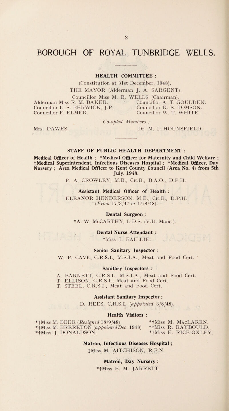 BOROUGH OF ROYAL TUNBRIDGE WELLS. HEALTH COMMITTEE : (Constitution at 31st December, 1948). THE MAYOR (Alderman J. A. SARGENT). Councillor Miss M. B. WELLS (Chairman). Alderman Miss R. M. BAKER. Councillor A. T. GOULDEN. Councillor L. S. BERWICK, J.P. Councillor R. E. TOMSON. Councillor F. ELMER. Councillor W. T. WHITE. Co-opted Members : Mrs. DAWES. Dr. M. I. HOUNSFIELD. STAFF OF PUBLIC HEALTH DEPARTMENT : Medical Officer of Health ; * Medical Officer for Maternity and Child Welfare ; J Medical Superintendent, Infectious Diseases Hospital ; * Medical Officer, Day Nursery ; Area Medical Officer to Kent County Council (Area No. 4) from 5th July, 1948. P. A. CROWLEY, M.B., Ch.B., B.A.O., D.P.H. Assistant Medical Officer of Health : ELEANOR HENDERSON, M.B., Ch.B., D.P.H. {From 17/3/47 to 17/8/48). Dental Surgeon : *A. W. McCarthy, L.D.S. (V.U. Mane ). Dental Nurse Attendant : *Miss J. BAILLIE. Senior Sanitary Inspector : W. P. CAVE, C.R.S.I., M.S.I.A., Meat and Food Cert. ' Sanitary Inspectors : A. BARNETT, C.R.S.I., M.S.I.A., Meat and Food Cert. T. ELLISON, C.R.S.I., Meat and Food Cert. T. STEEL, C.R.S.I., Meat and Food Cert. Assistant Sanitary Inspector : D. REES, C.R.S.I. {appointed 3/8/48). Health Visitors : *fMiss M. BEER {Resigned 18/9/48) *fMiss M. MacLAREN. *fMiss M. BRERETON {appointedDec. 1948) *fMiss R. RAYBOULD. *tMiss J. DONALDSON. *fMiss E. RICE-OXLEY. Matron, Infectious Diseases Hospital; + Miss M, AITCHISON, R.F.N. t Matron, Day Nursery : *fMiss E. M. JARRETT.