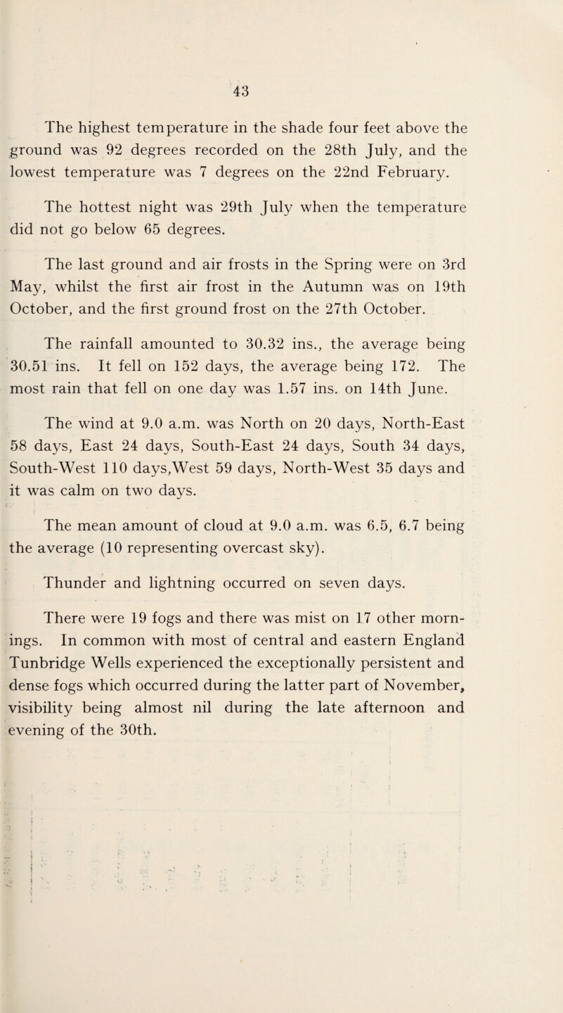 The highest temperature in the shade four feet above the ground was 92 degrees recorded on the 28th July, and the lowest temperature was 7 degrees on the 22nd February. The hottest night was 29th July when the temperature did not go below 65 degrees. The last ground and air frosts in the Spring were on 3rd May, whilst the first air frost in the Autumn was on 19th October, and the first ground frost on the 27th October. The rainfall amounted to 30.32 ins., the average being 30.51 ins. It fell on 152 days, the average being 172. The most rain that fell on one day was 1.57 ins. on 14th June. The wind at 9.0 a.m. was North on 20 days, North-East 58 days, East 24 days, South-East 24 days, South 34 days, South-West 110 days,West 59 days, North-West 35 days and it was calm on two days. The mean amount of cloud at 9.0 a.m. was 6.5, 6.7 being the average (10 representing overcast sky). Thunder and lightning occurred on seven days. There were 19 fogs and there was mist on 17 other morn¬ ings. In common with most of central and eastern England Tunbridge Wells experienced the exceptionally persistent and dense fogs which occurred during the latter part of November, visibility being almost nil during the late afternoon and evening of the 30th. 5 l i