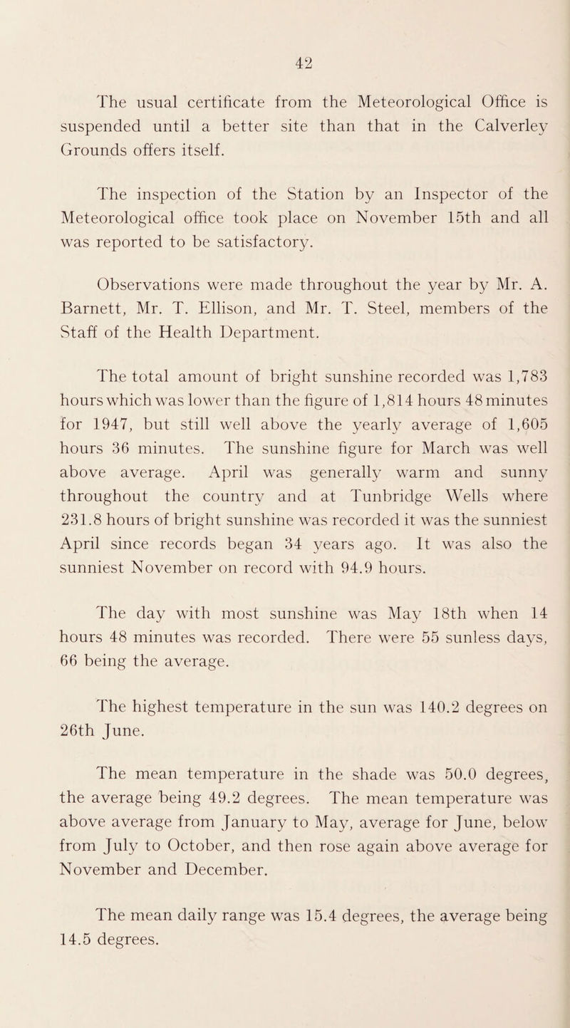 The usual certificate from the Meteorological Office is suspended until a better site than that in the Calverley Grounds offers itself. The inspection of the Station by an Inspector of the Meteorological office took place on November 15th and all was reported to be satisfactory. Observations were made throughout the year by Mr. A. Barnett, Mr. T. Ellison, and Mr. T. Steel, members of the Staff of the Health Department. The total amount of bright sunshine recorded was 1,783 hours which was lower than the figure of 1,814 hours 48 minutes for 1947, but still well above the yearly average of 1,605 hours 36 minutes. The sunshine figure for March was well above average. April was generally warm and sunny throughout the country and at Tunbridge Wells where 231.8 hours of bright sunshine was recorded it was the sunniest April since records began 34 years ago. It was also the sunniest November on record with 94.9 hours. The day with most sunshine was May 18th when 14 hours 48 minutes was recorded. There were 55 sunless days, 66 being the average. The highest temperature in the sun was 140.2 degrees on 26th June. The mean temperature in the shade was 50.0 degrees, the average being 49.2 degrees. The mean temperature was above average from January to May, average for June, below from July to October, and then rose again above average for November and December. The mean daily range was 15.4 degrees, the average being 14.5 degrees.