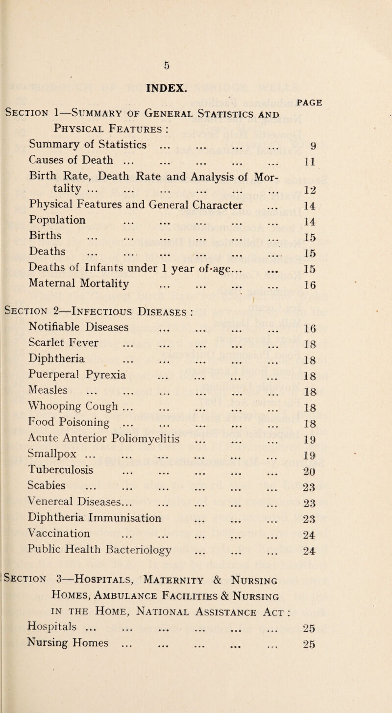 INDEX. PAGE Section 1—Summary of General Statistics and Physical Features : Summary of Statistics. 9 Causes of Death. 11 Birth Rate, Death Rate and Analysis of Mor¬ tality . 12 Physical Features and General Character ... 14 Population 14 Births .. ... .. 15 Deaths . 15 Deaths of Infants under 1 year oTage. 15 Maternal Mortality . 16 Section 2—Infectious Diseases : Notifiable Diseases ... ... ... ... 16 Scarlet Fever . 18 Diphtheria 18 Puerperal Pyrexia . 18 Measles . 18 Whooping Cough. 18 Food Poisoning ... ... ... ... ... 18 Acute Anterior Poliomyelitis ... ... ... 19 Smallpox. 19 Tuberculosis . 20 Scabies . 23 Venereal Diseases... ... ... ... ... 23 Diphtheria Immunisation ... ... ... 23 Vaccination ... ... ... ... ... 24 Public Health Bacteriology ... ... ... 24 Section 3—Hospitals, Maternity & Nursing Homes, Ambulance Facilities & Nursing in the Home, National Assistance Act : Hospitals. 25 Nursing Homes. 25